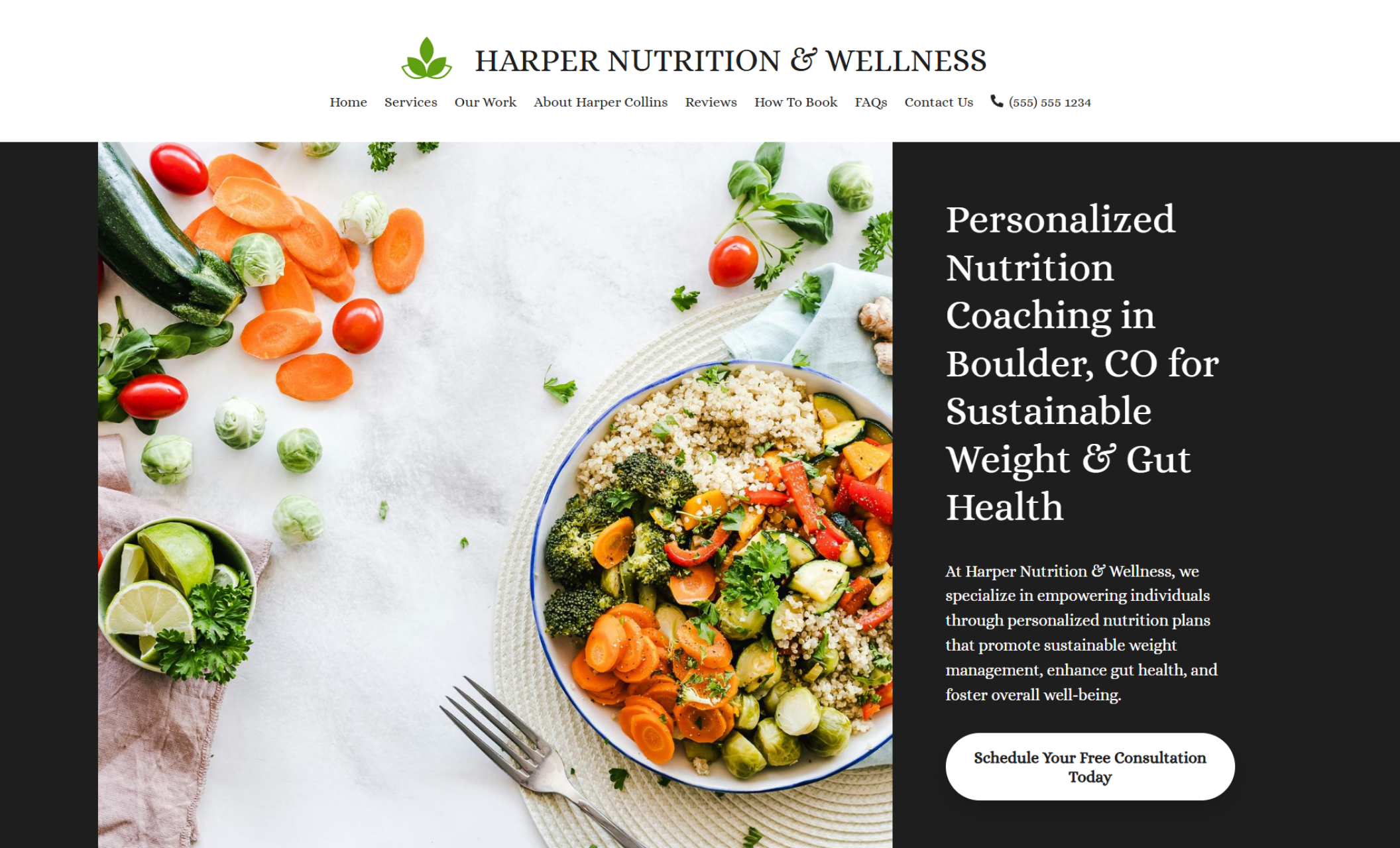 Harper Nutrition & Wellness homepage hero section featuring the headline “Personalized Nutrition Coaching in Boulder, CO for Sustainable Weight & Gut Health,” alongside a fresh overhead meal photo and a white button that says “Schedule Your Free Consultation Today.”
