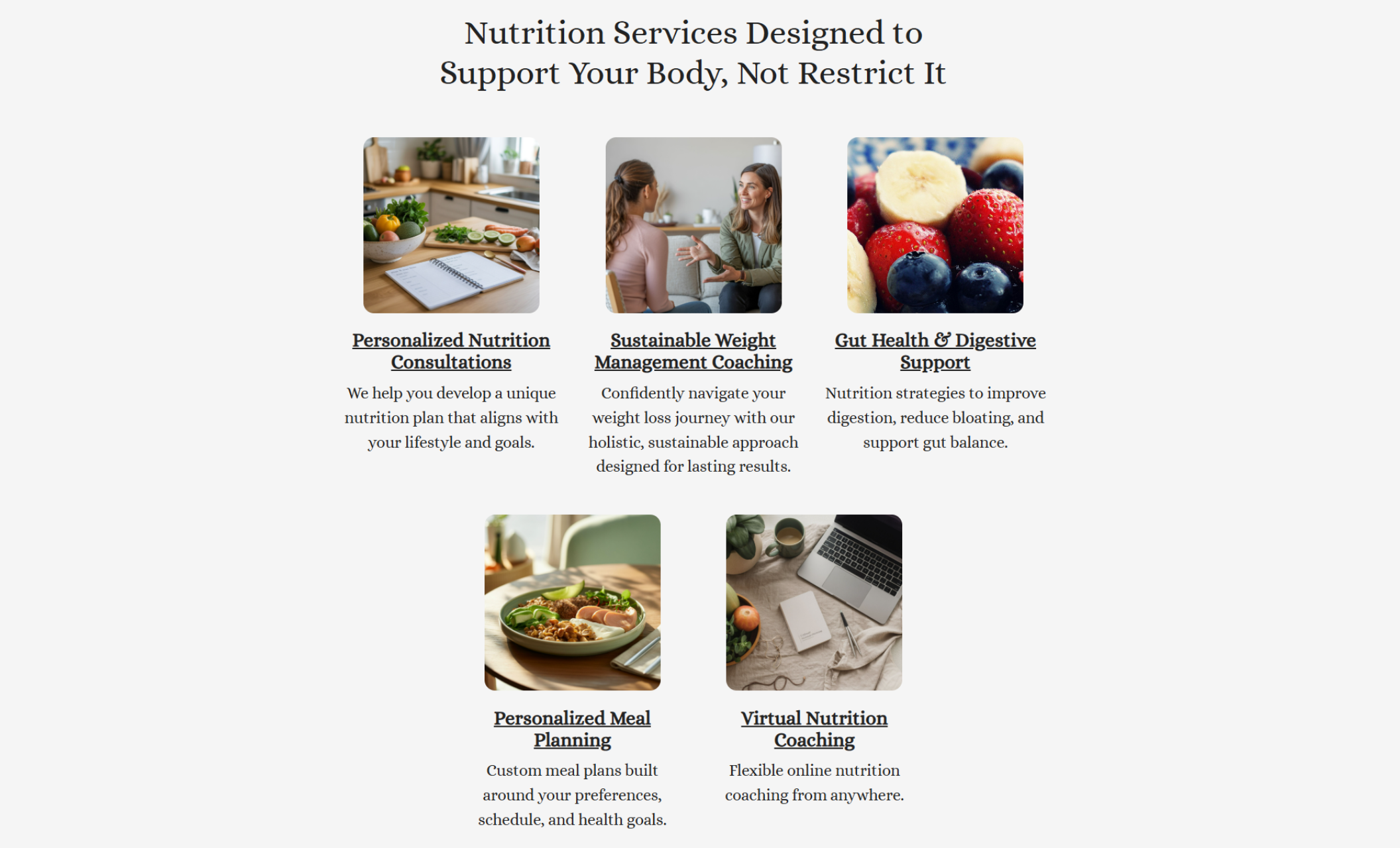 Harper Nutrition & Wellness services section titled “Nutrition Services Designed to Support Your Body, Not Restrict It,” featuring five service cards for Personalized Nutrition Consultations, Sustainable Weight Management Coaching, Gut Health & Digestive Support, Personalized Meal Planning, and Virtual Nutrition Coaching