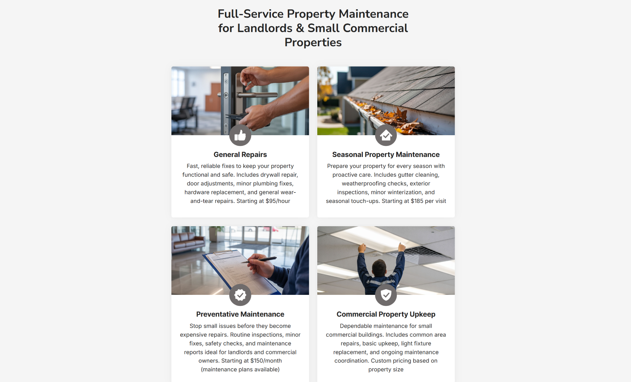 Harris Property Maintenance services overview section titled “Full-Service Property Maintenance for Landlords & Small Commercial Properties,” displaying four service cards for General Repairs, Seasonal Property Maintenance, Preventative Maintenance, and Commercial Property Upkeep with corresponding images and pricing details
