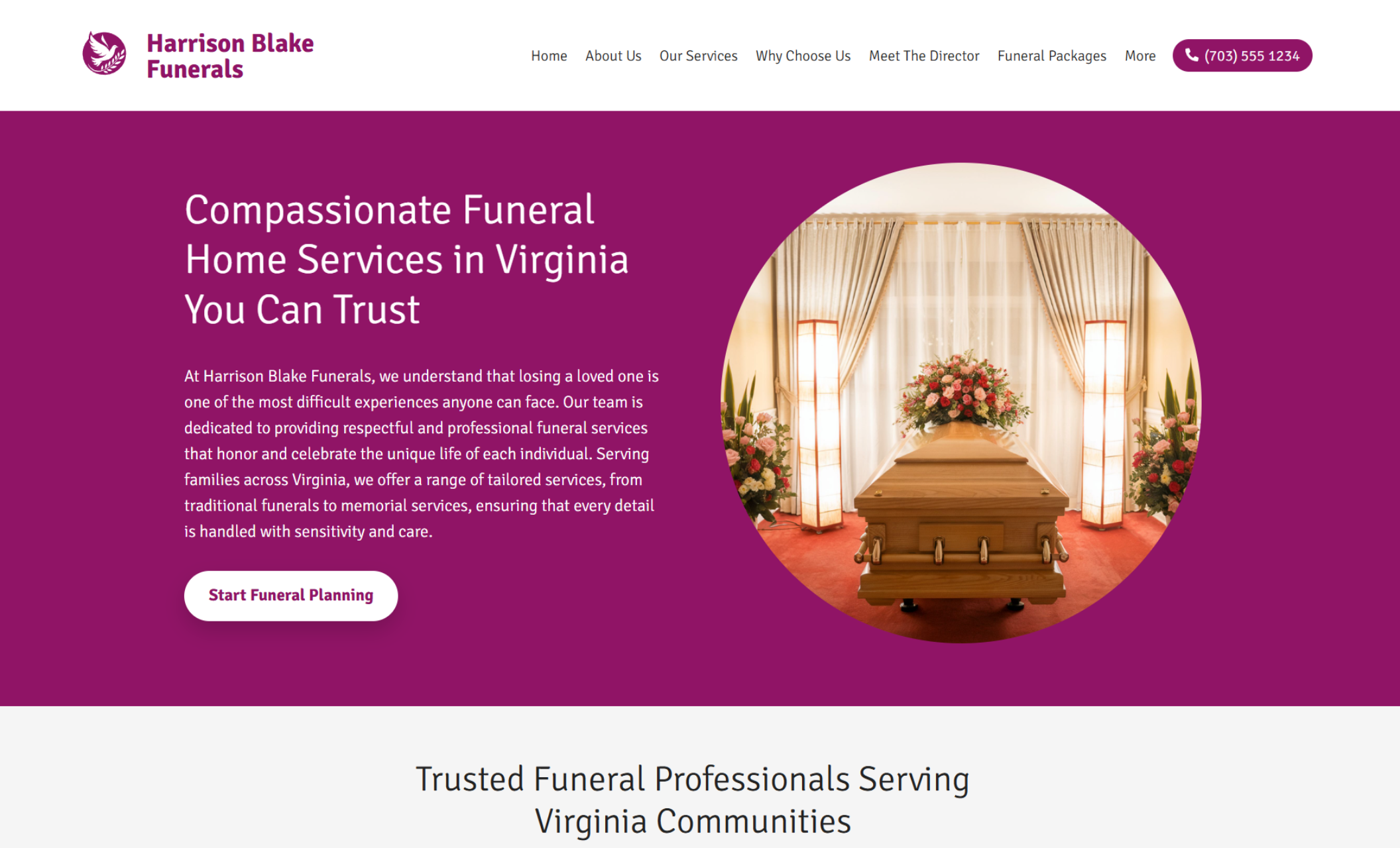 Harrison Blake Funerals homepage featuring a wooden casket with pink and white floral arrangements beside the headline “Compassionate Funeral Home Services in Virginia You Can Trust” and a button that says “Start Funeral Planning.”
