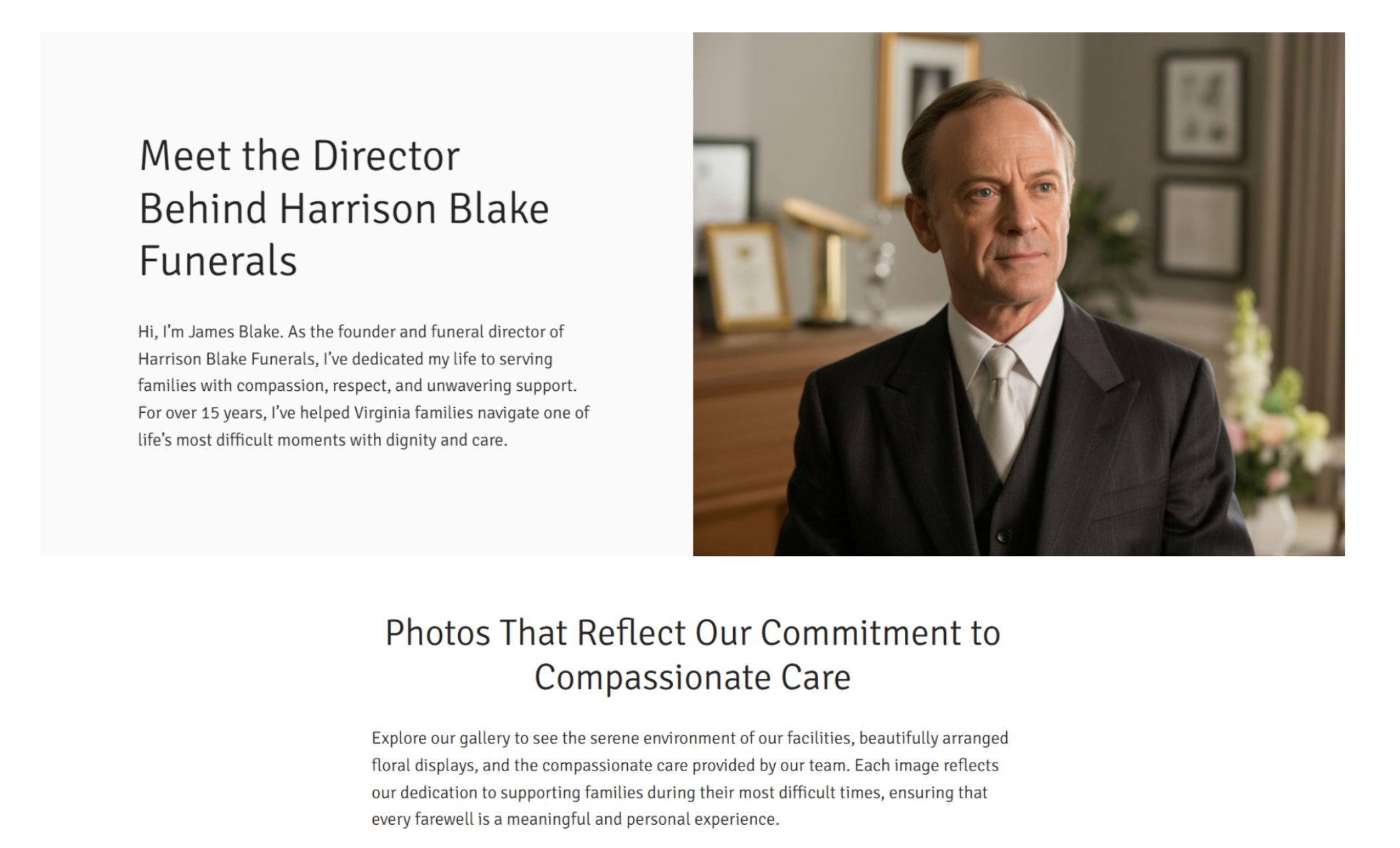 Harrison Blake Funerals “Meet the Director” section showing founder James Blake in a black suit and silver tie, standing in his office beside a headline introducing his role and commitment to compassionate service