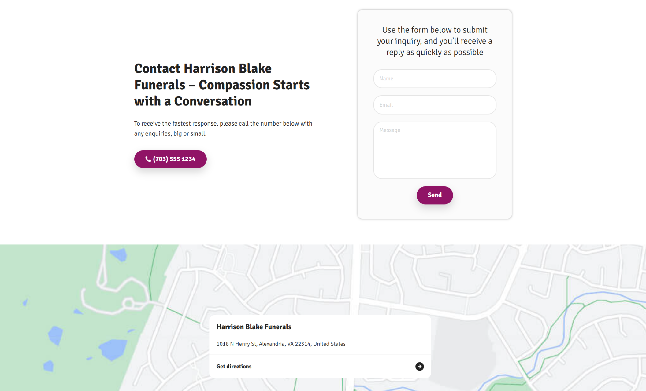 Harrison Blake Funerals contact section with a purple call‑to‑action area reading “Contact Harrison Blake Funerals – Compassion Starts with a Conversation,” a phone number button, contact form fields, and a map location for the business.