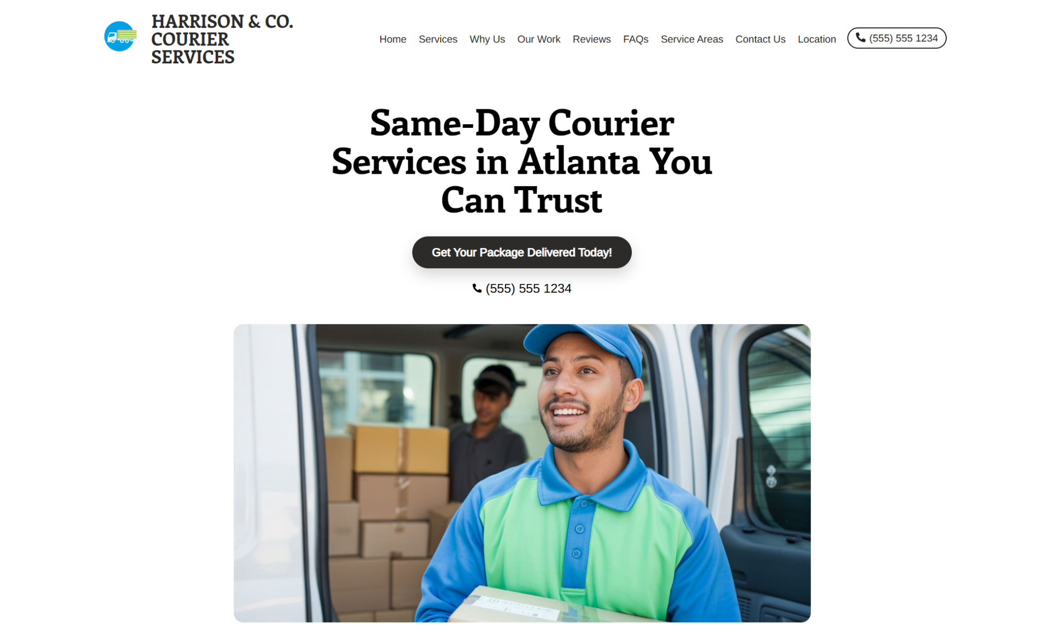 Harrison & Co. Courier Services homepage hero featuring a smiling courier holding a package beside a delivery van, below the headline “Same-Day Courier Services in Atlanta You Can Trust” with a black button labeled “Get Your Package Delivered Today!”