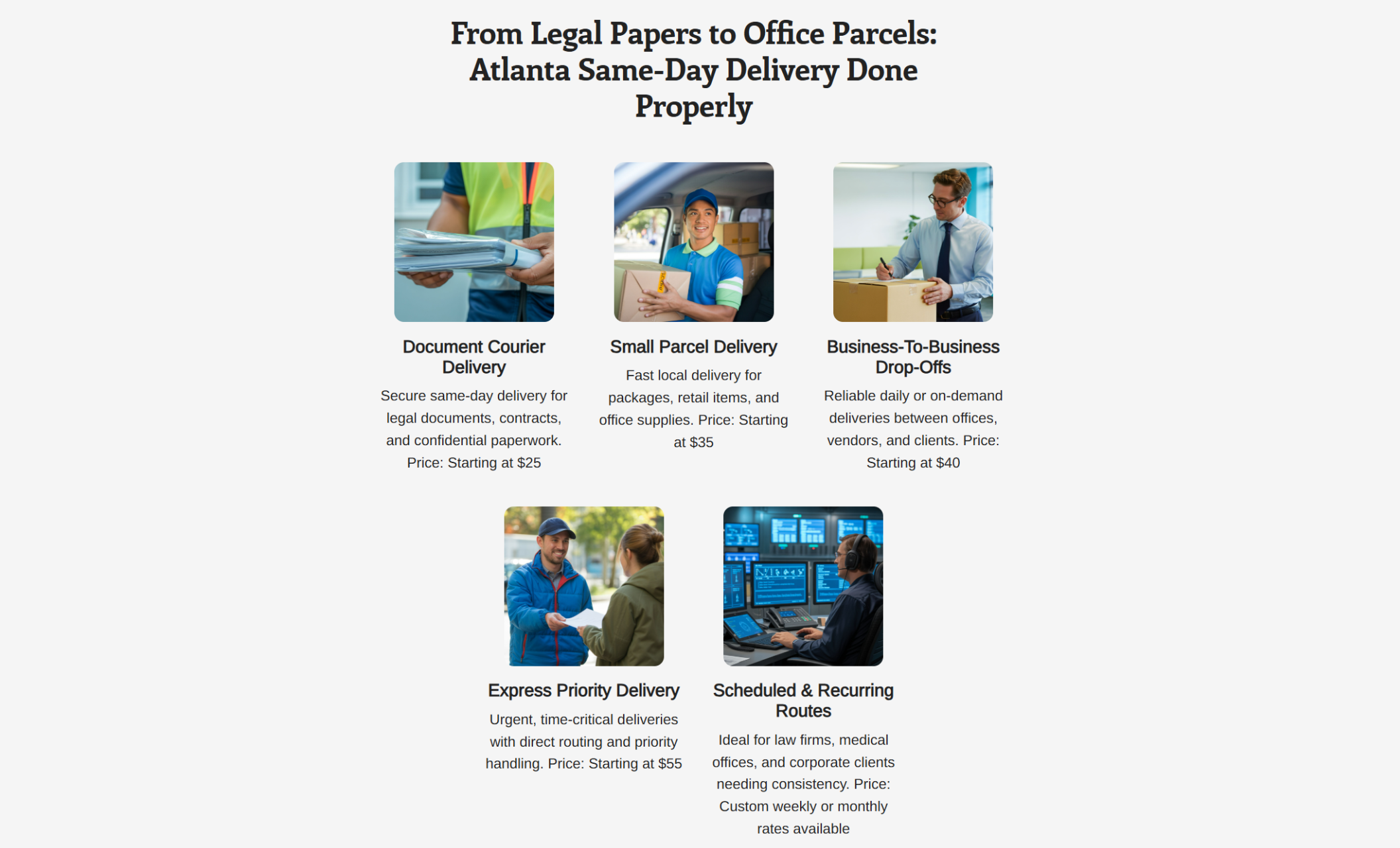 Harrison & Co. Courier Services services section featuring five icon-style cards for document courier delivery, small parcel delivery, business-to-business drop-offs, express priority delivery, and scheduled recurring routes beneath the headline “From Legal Papers to Office Parcels: Atlanta Same-Day Delivery Done Properly.”