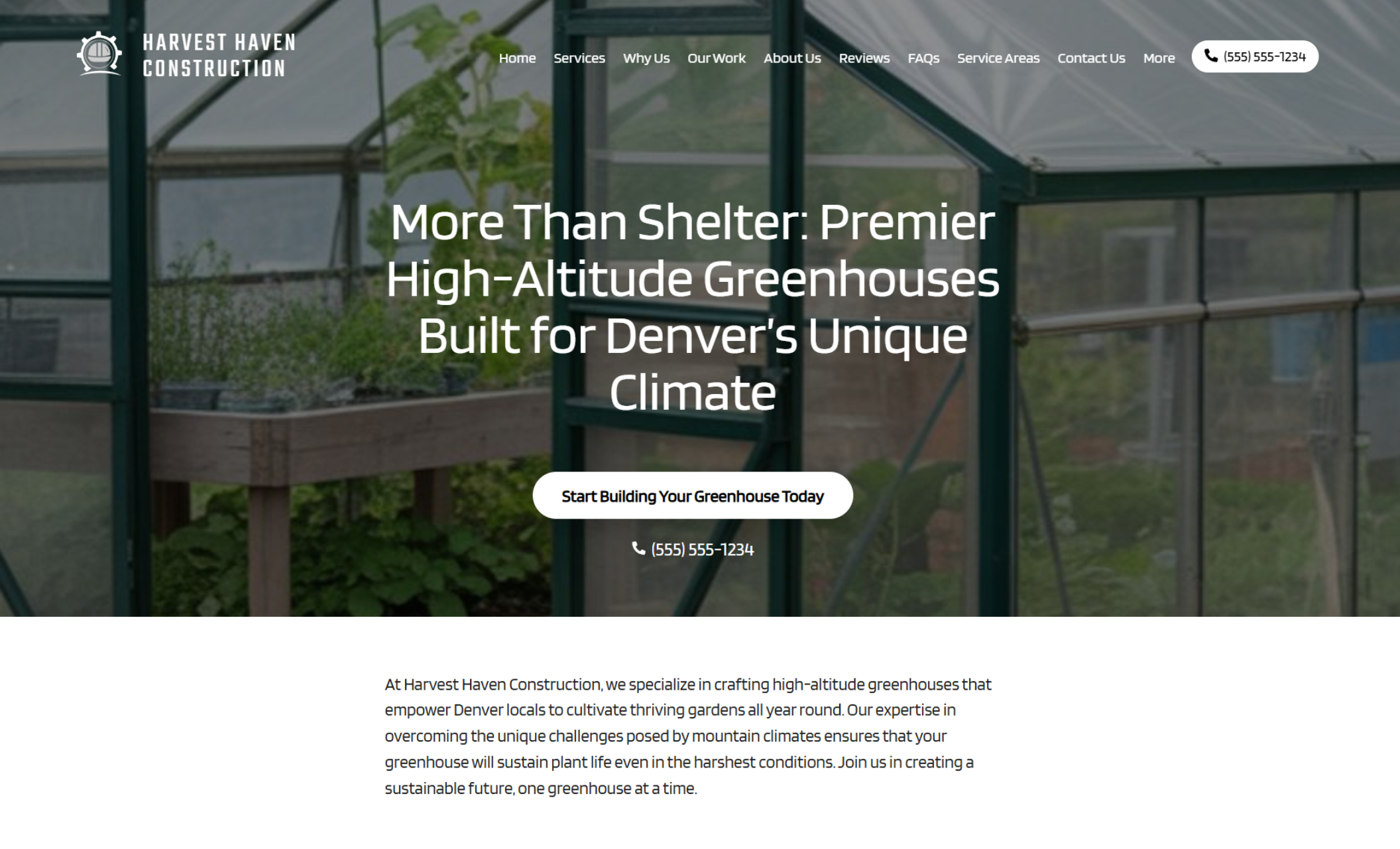 Harvest Haven Construction homepage hero section featuring a close-up of a custom glass greenhouse filled with greenery beneath the headline “More Than Shelter: Premier High-Altitude Greenhouses Built for Denver’s Unique Climate” with a button that says “Start Building Your Greenhouse Today.”