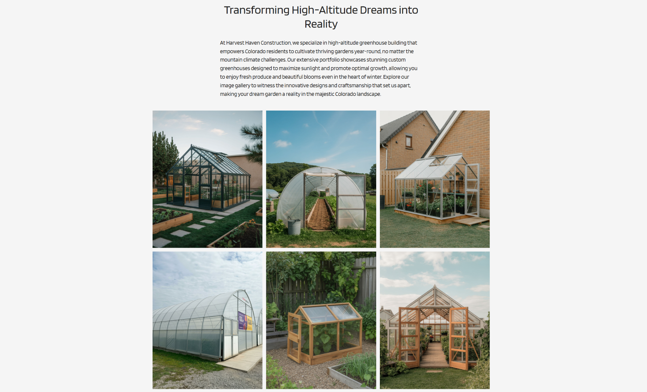 Harvest Haven Construction greenhouse gallery displaying six photos of different greenhouse styles, including glass, plastic dome, wood-framed, and large-scale designs, under the headline “Transforming High-Altitude Dreams into Reality.”