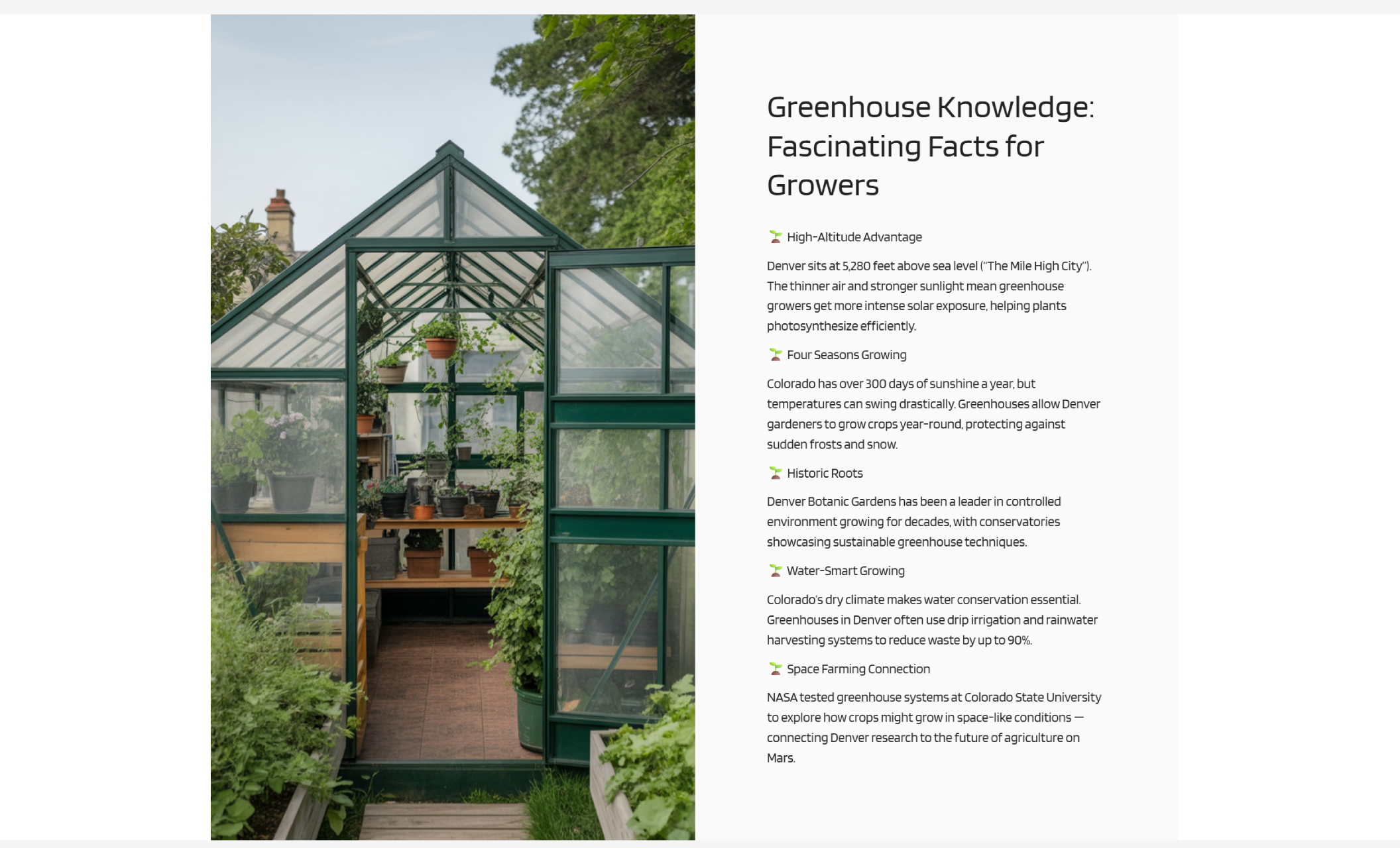 Harvest Haven Construction greenhouse facts section showing a glass greenhouse filled with potted plants beside text titled “Greenhouse Knowledge: Fascinating Facts for Growers” highlighting high-altitude advantages, four-season growing, water-smart methods, and space farming connections