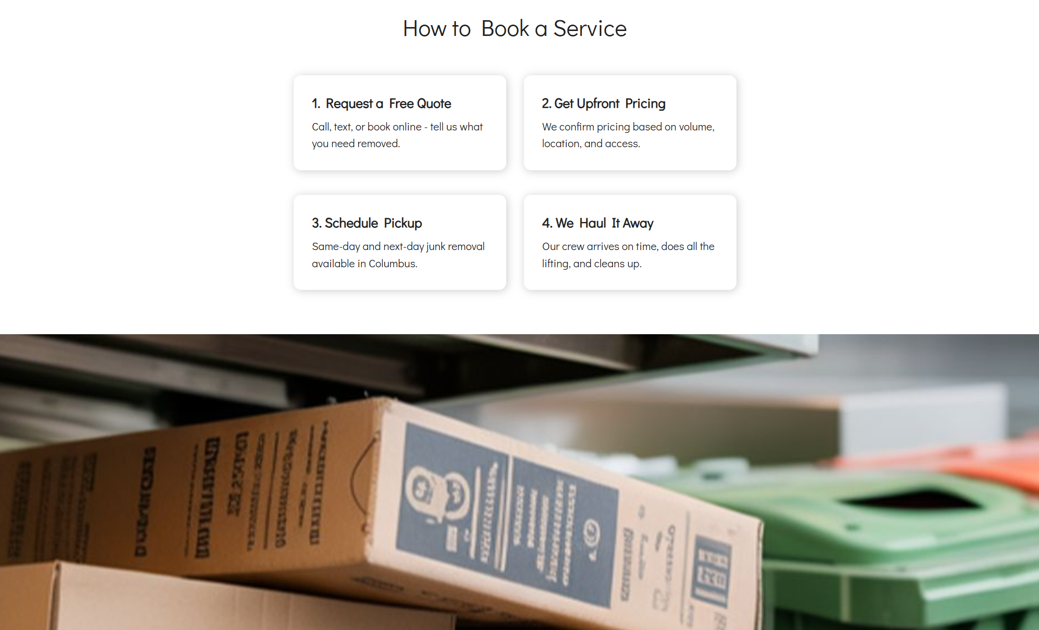 Haul Heroes booking steps section titled “How to Book a Service” with four cards outlining Request a Free Quote, Get Upfront Pricing, Schedule Pickup, and We Haul It Away above a close-up photo of stacked cardboard boxes