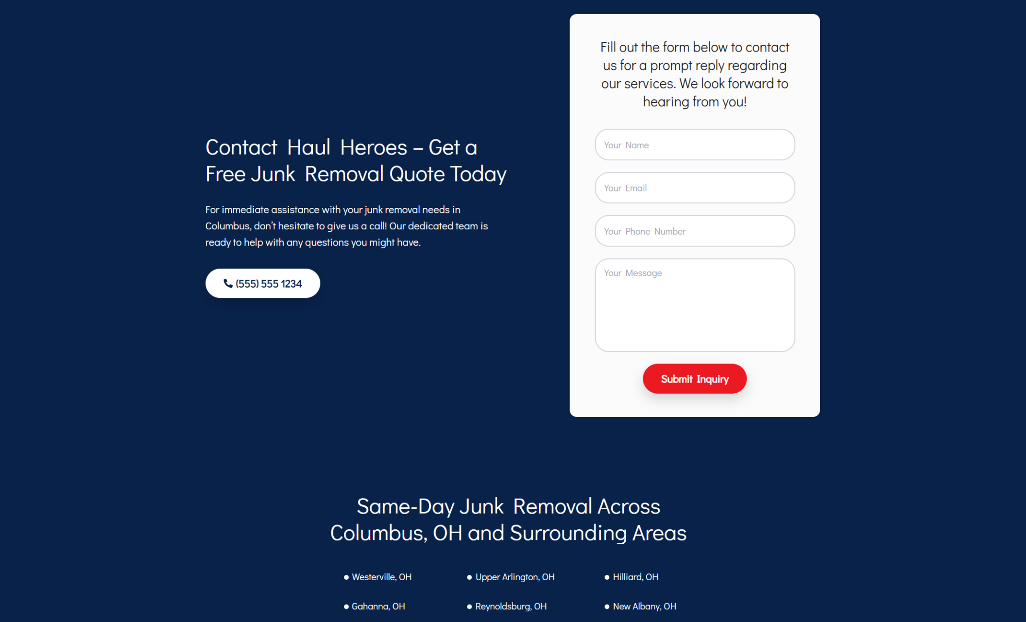 Haul Heroes contact section featuring the headline “Contact Haul Heroes – Get a Free Junk Removal Quote Today,” a phone button, and a white inquiry form with fields for name, email, phone number, and message plus a red “Submit Inquiry” button