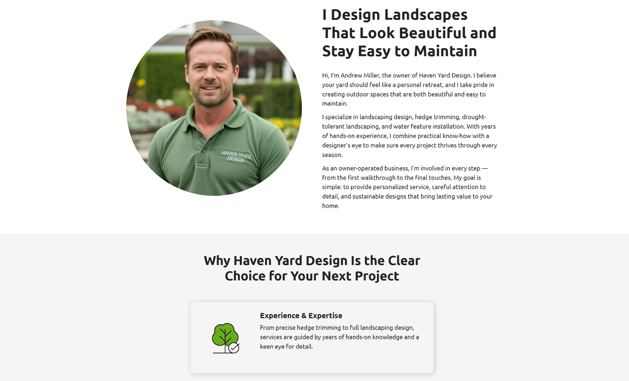 Haven Yard Design founder section featuring a circular photo of a man in a green polo shirt with “Haven Yard Design” logo, next to text introducing Andrew Miller and his landscaping philosophy