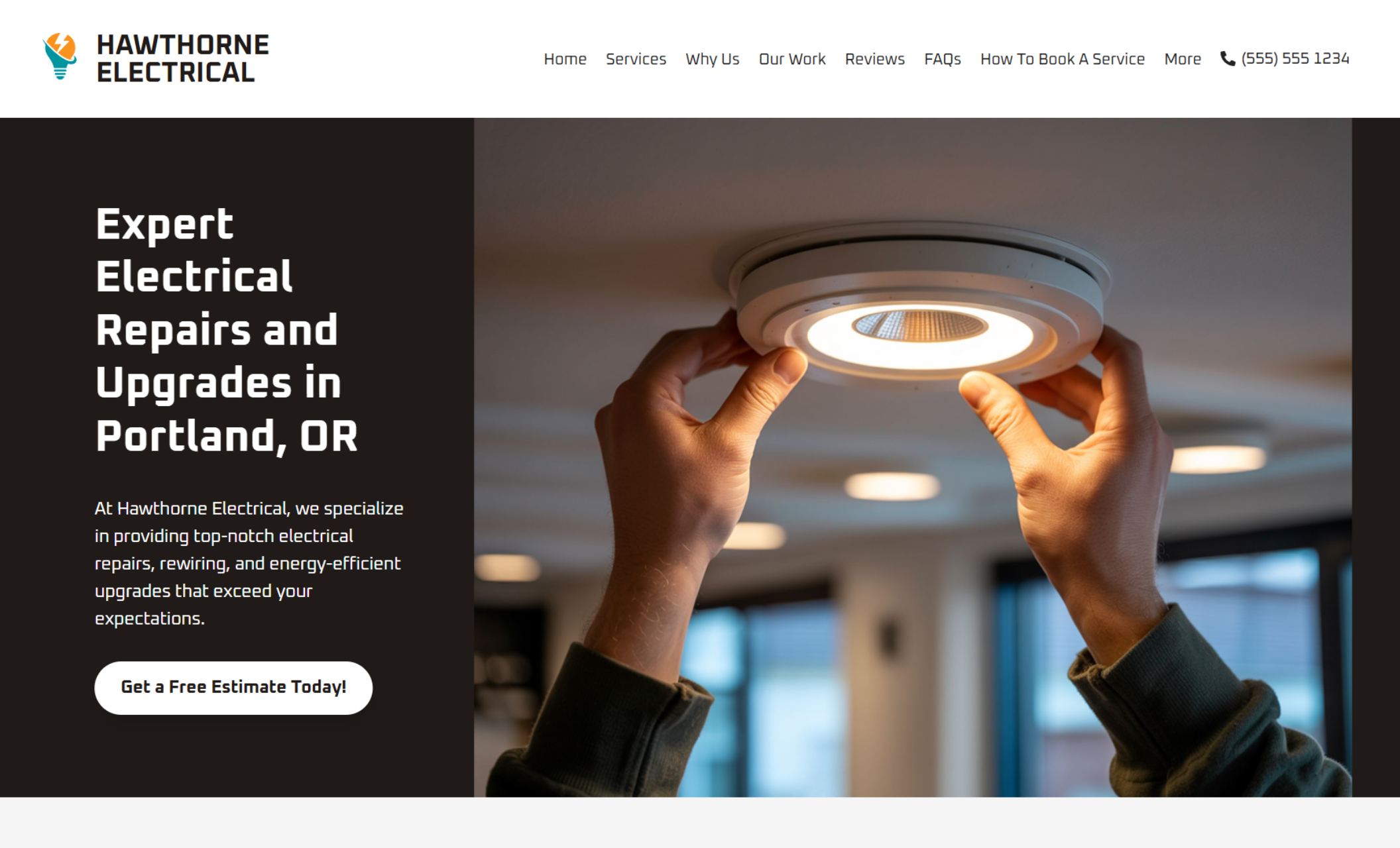 Hawthorne Electrical homepage hero featuring a dark split layout with the headline “Expert Electrical Repairs and Upgrades in Portland, OR,” a lit recessed ceiling fixture being installed, and a white “Get a Free Estimate Today!” button