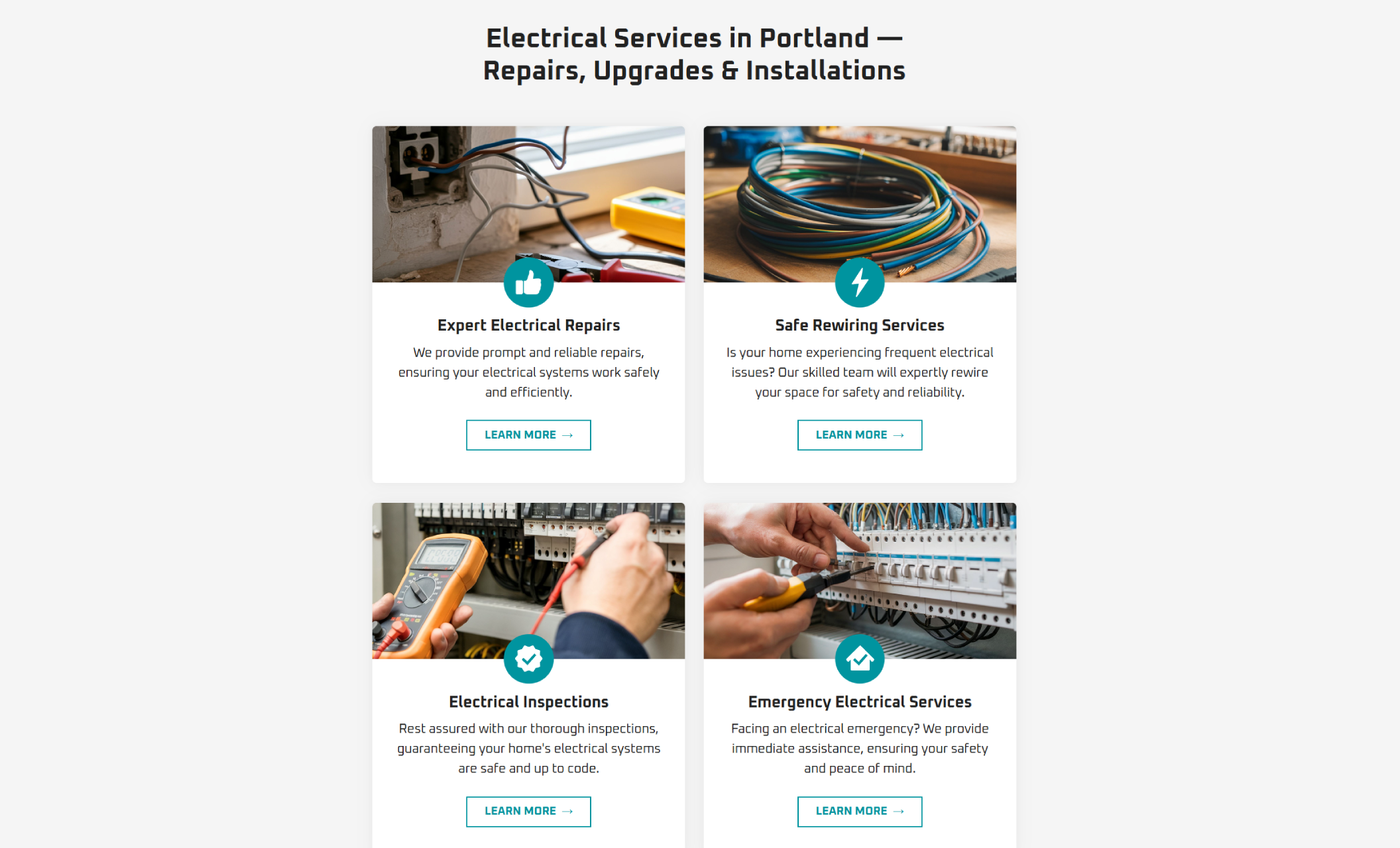 Hawthorne Electrical services grid under the headline “Electrical Services in Portland — Repairs, Upgrades & Installations,” showcasing four service cards for Expert Electrical Repairs, Safe Rewiring Services, Electrical Inspections, and Emergency Electrical Services with teal icons and “Learn More” buttons