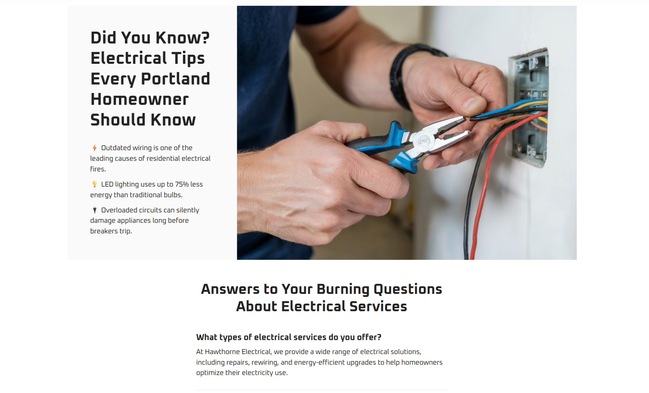 Hawthorne Electrical tips section titled “Did You Know? Electrical Tips Every Portland Homeowner Should Know,” listing safety facts about outdated wiring, LED efficiency, and overloaded circuits next to a close-up of an electrician working with pliers and exposed wires