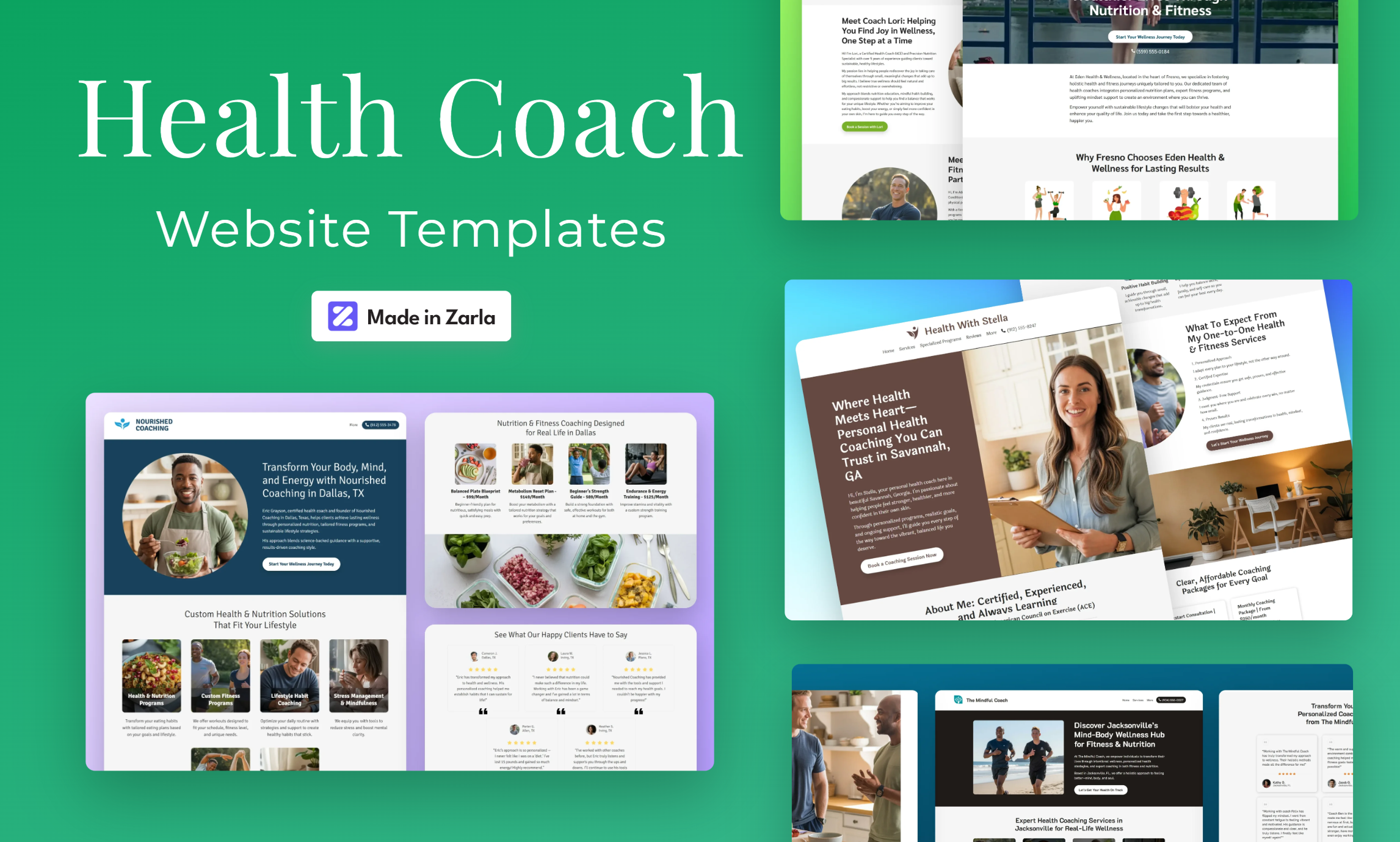 Collection of health coach website templates created with Zarla