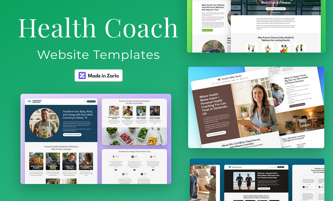 Collection of health coach website templates created with Zarla