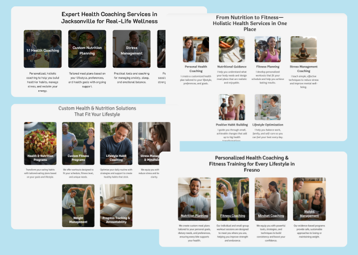 A collage of services section generated by Zarla showing different styles of service items, all having a picture, a title, and a brief description