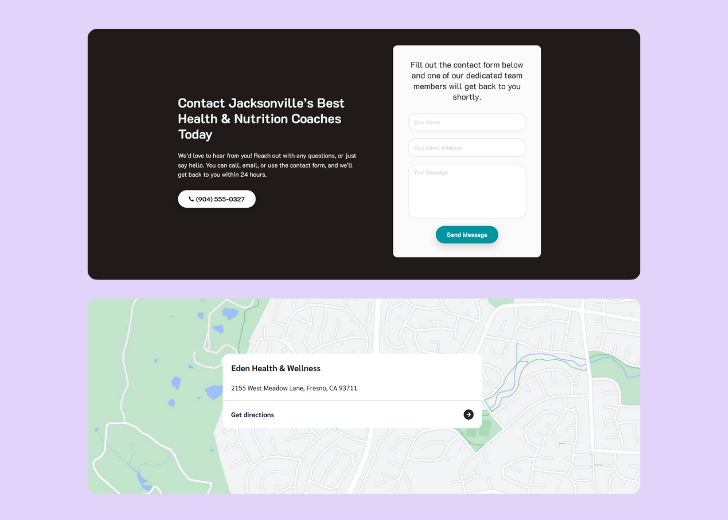 A screenshot of a header with navigation pills with contact number, a blue-colored primary button with contact number, and a 2D depiction of a map with a business address in the center