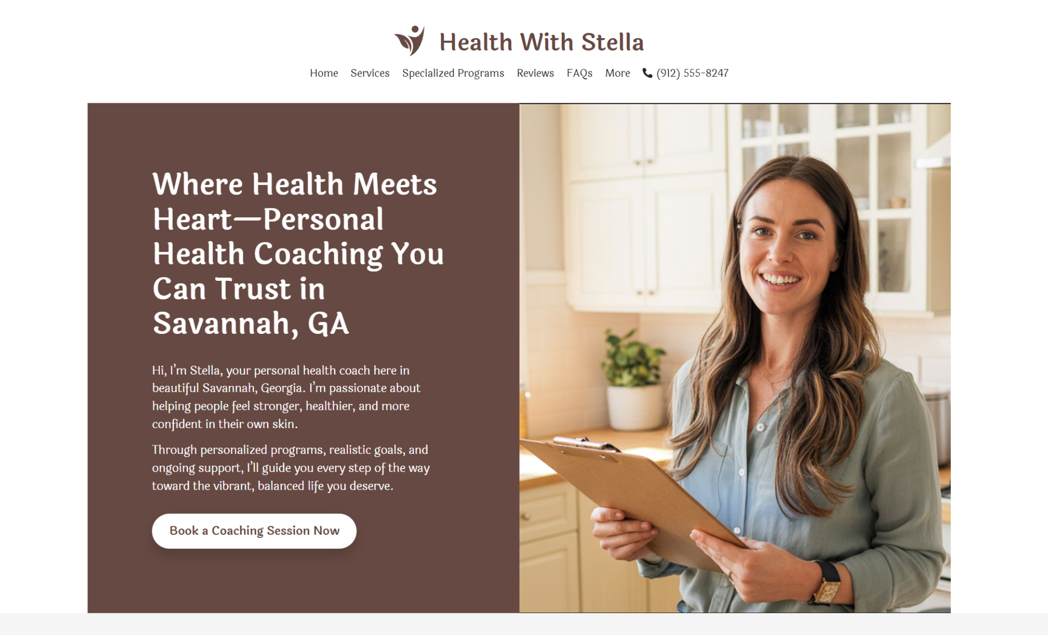 Health With Stella website featuring a smiling woman holding a clipboard in a kitchen beside the headline “Where Health Meets Heart—Personal Health Coaching You Can Trust in Savannah, GA” with a button that says “Book a Coaching Session Now.”