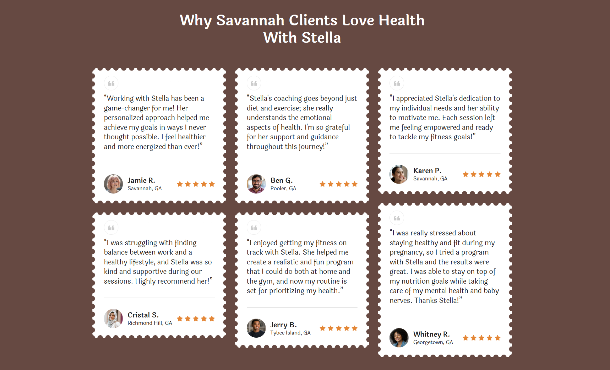 Health With Stella client testimonials section with six bordered review cards featuring names, star ratings, and quotes praising Stella’s personalized health coaching services