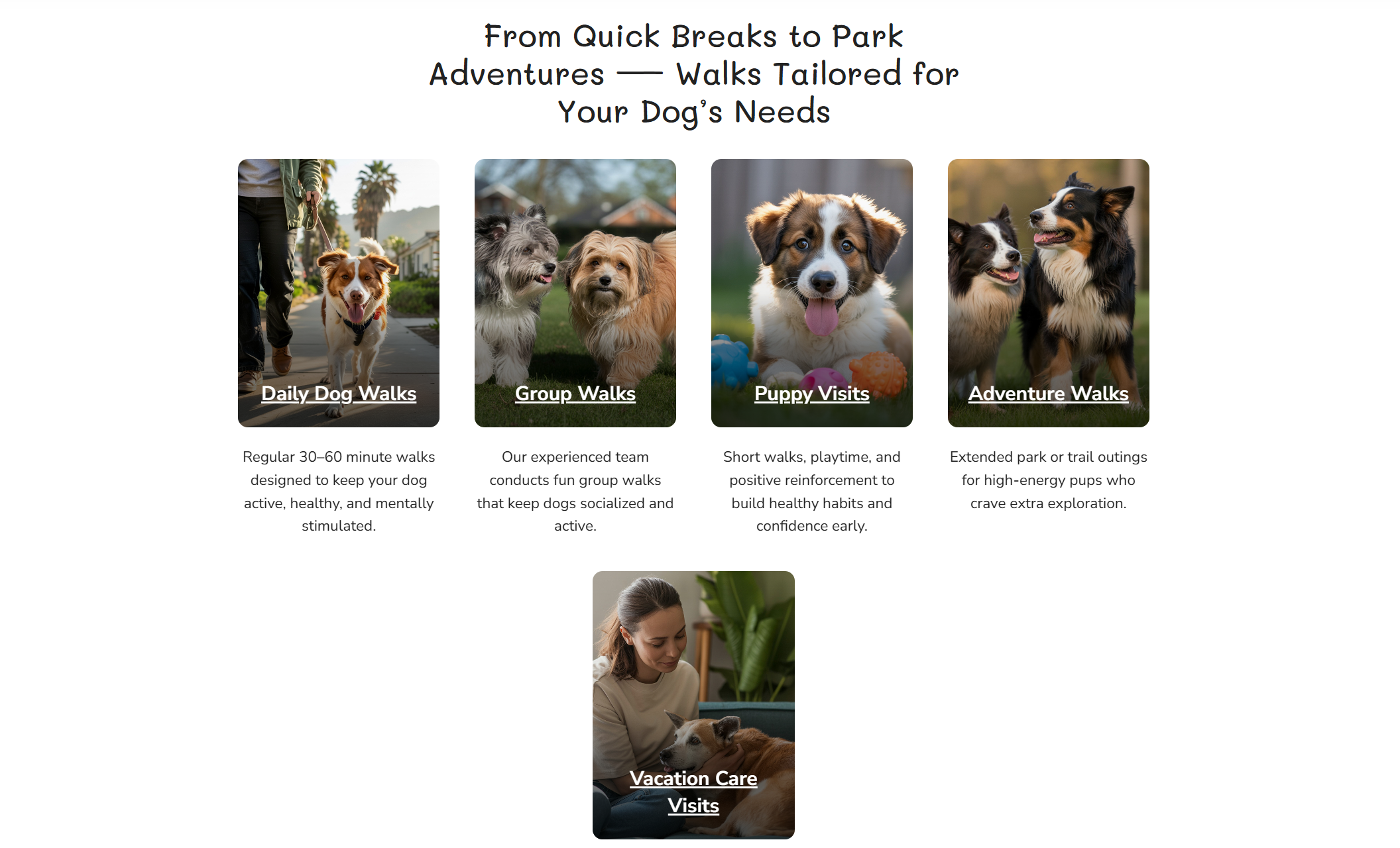 “From Quick Breaks to Park Adventures — Walks Tailored for Your Dog’s Needs” section displaying five service cards titled Daily Dog Walks, Group Walks, Puppy Visits, Adventure Walks, and Vacation Care Visits with photos of happy dogs and walkers