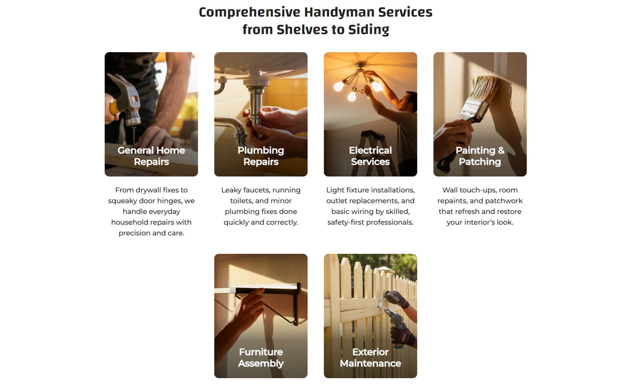 Service offerings section with six photo cards under the headline “Comprehensive Handyman Services from Shelves to Siding,” including General Repairs, Plumbing, Electrical, and Exterior Maintenance