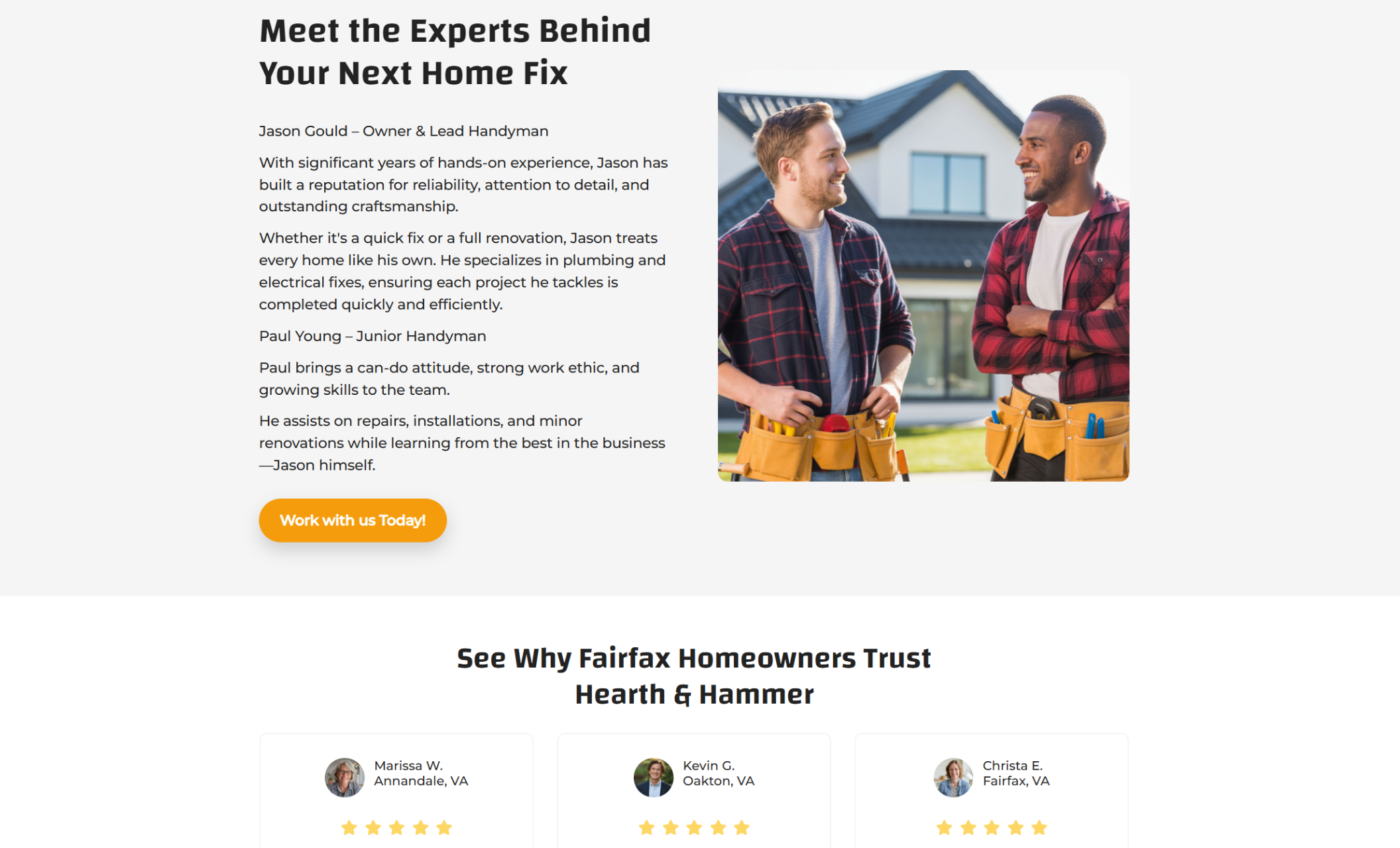 Meet the Team section highlighting Jason Gould and Paul Young, with a side-by-side portrait of the two handymen chatting outside a home and a yellow button that says “Work with us Today!”