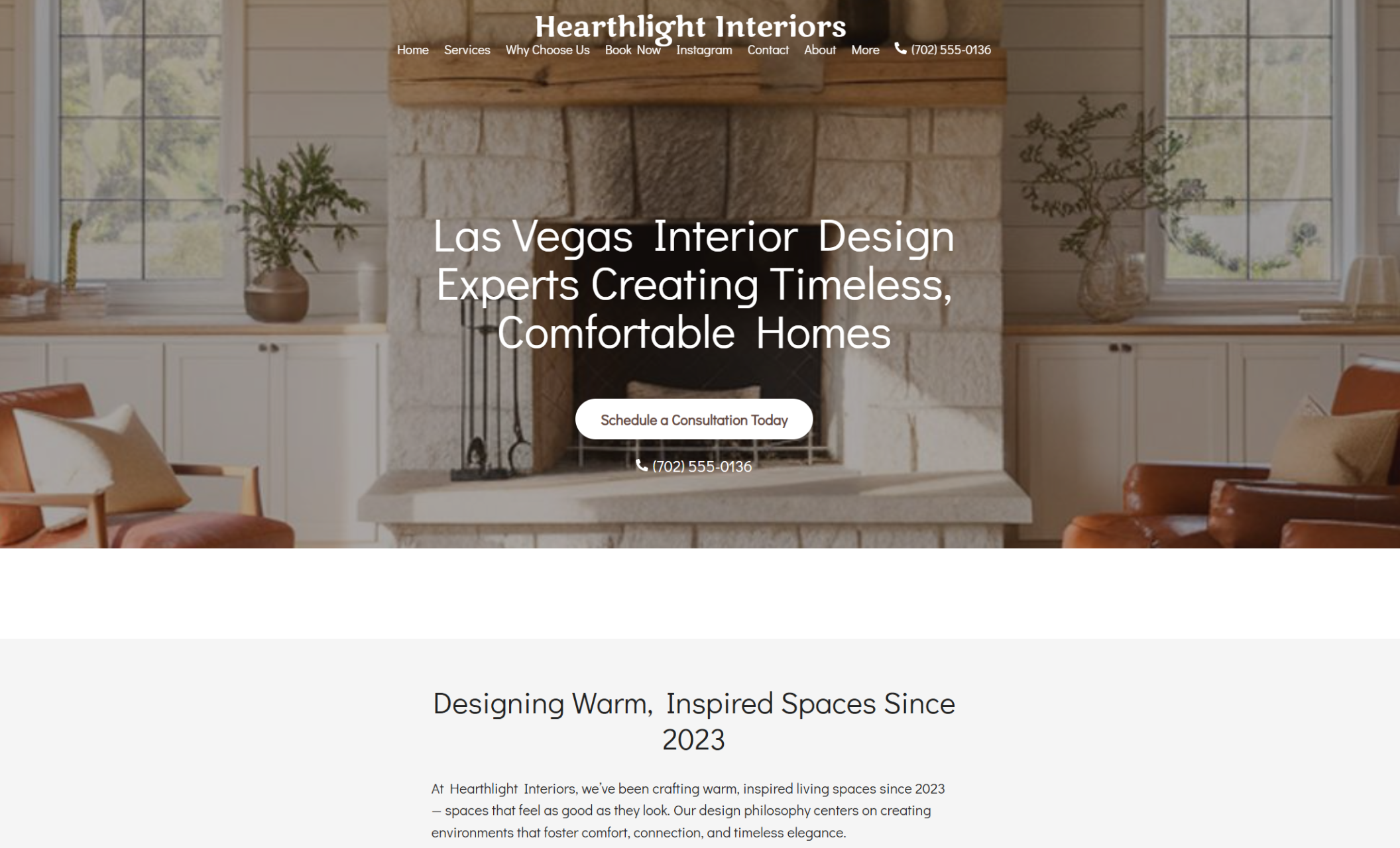 Cozy, light-filled living room with natural wood beams, white cabinetry, and a stone fireplace setting the scene behind a bold website headline introducing Hearthlight Interiors' Las Vegas-based design services