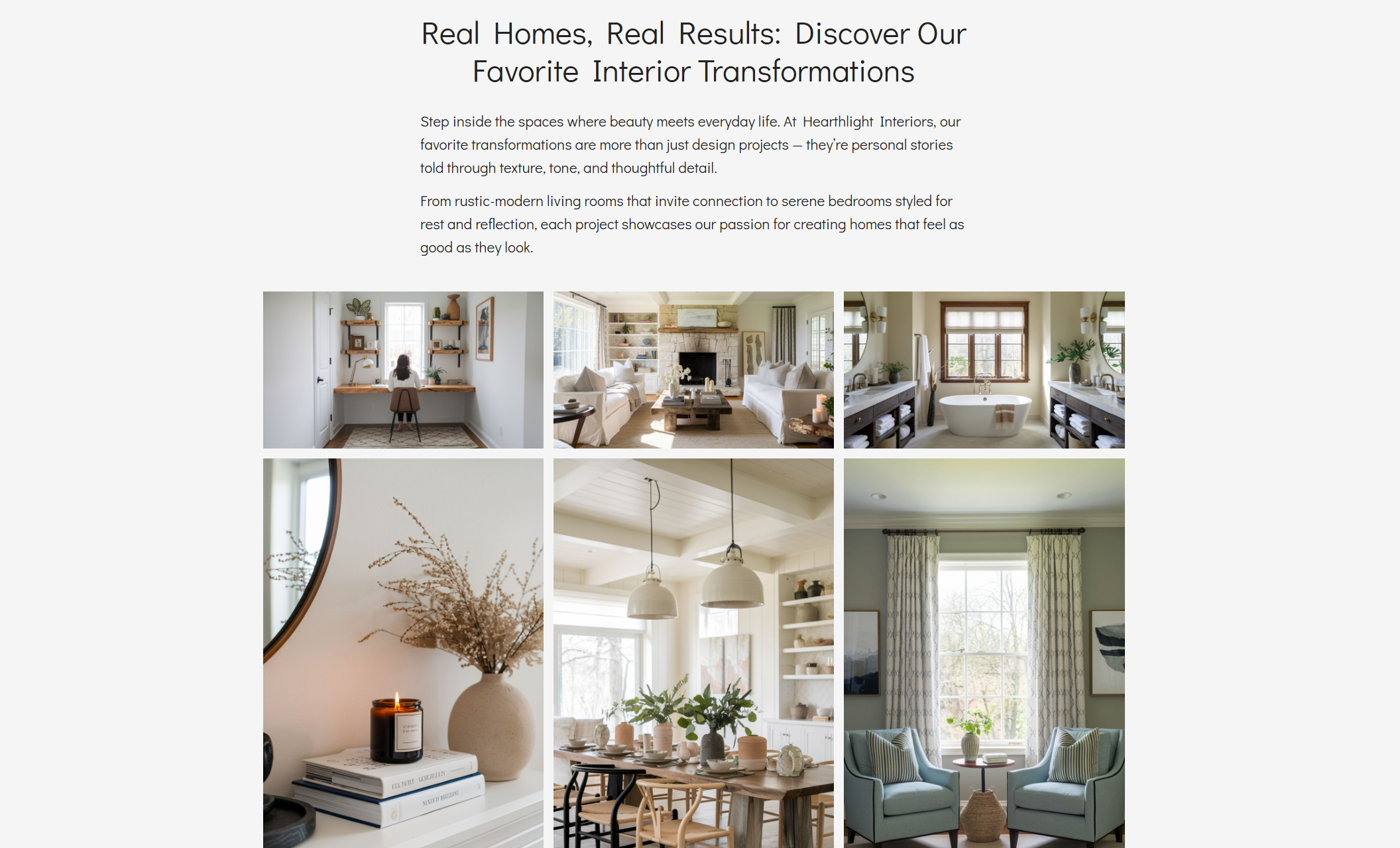 Text reading “Designing Warm, Inspired Spaces Since 2023” above a short description of Hearthlight Interiors’ approach, framed by soft neutral background tones that echo the brand’s warm aesthetic