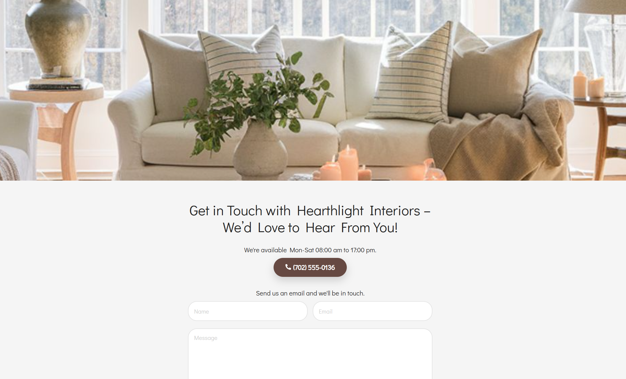 Hearthlight Interiors' website with a six-image gallery showcasing elegant home interiors, including a rustic-modern living room, bright kitchen, tranquil bedroom, spa-style bathroom, and cozy reading nook, all emphasizing soft light and thoughtful detail