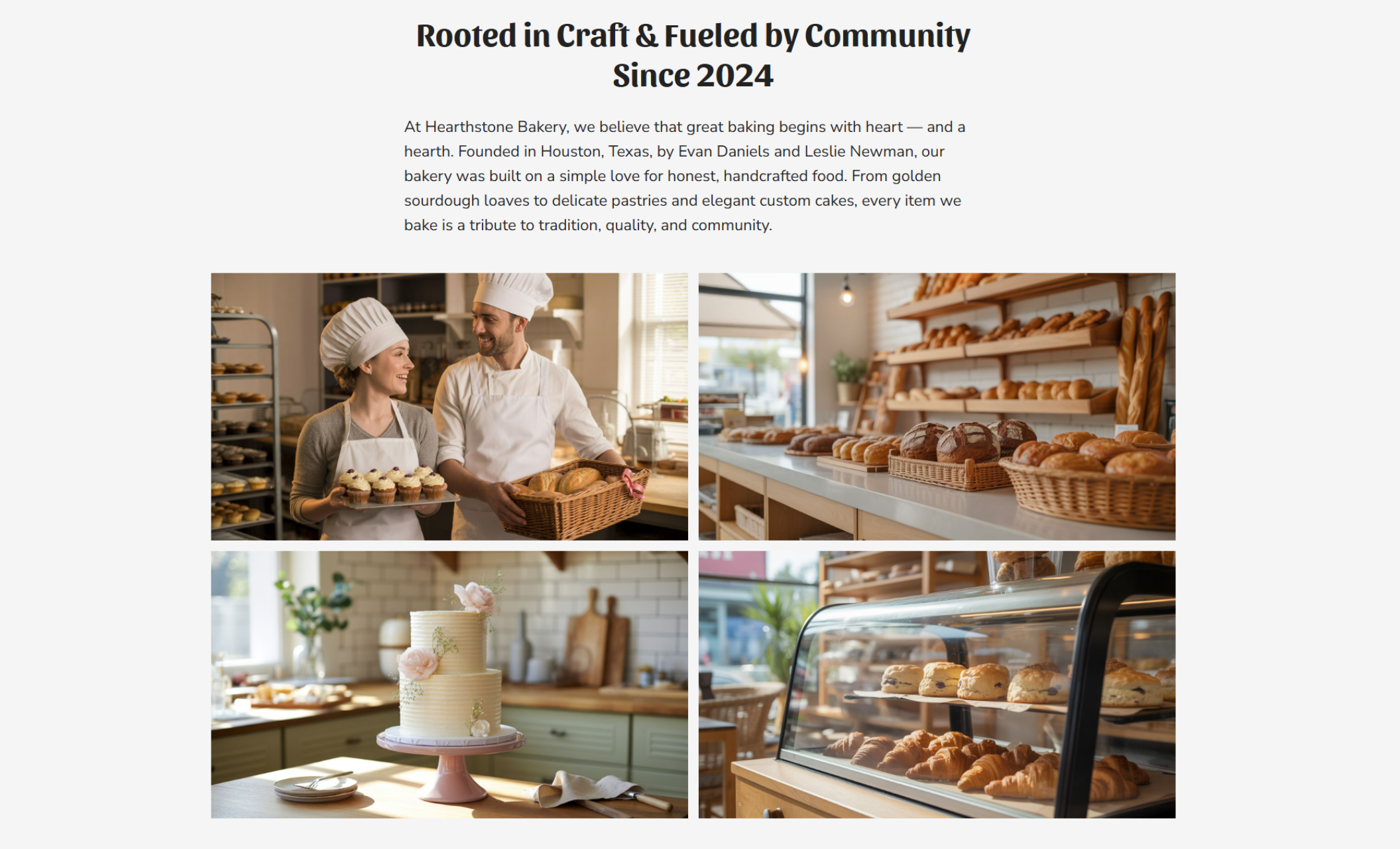 About section of Hearthstone Bakery displaying four warm-toned bakery photos — two bakers smiling in a kitchen, baskets of bread, a tiered wedding cake, and a pastry display case — below the heading “Rooted in Craft & Fueled by Community Since 2024.”
