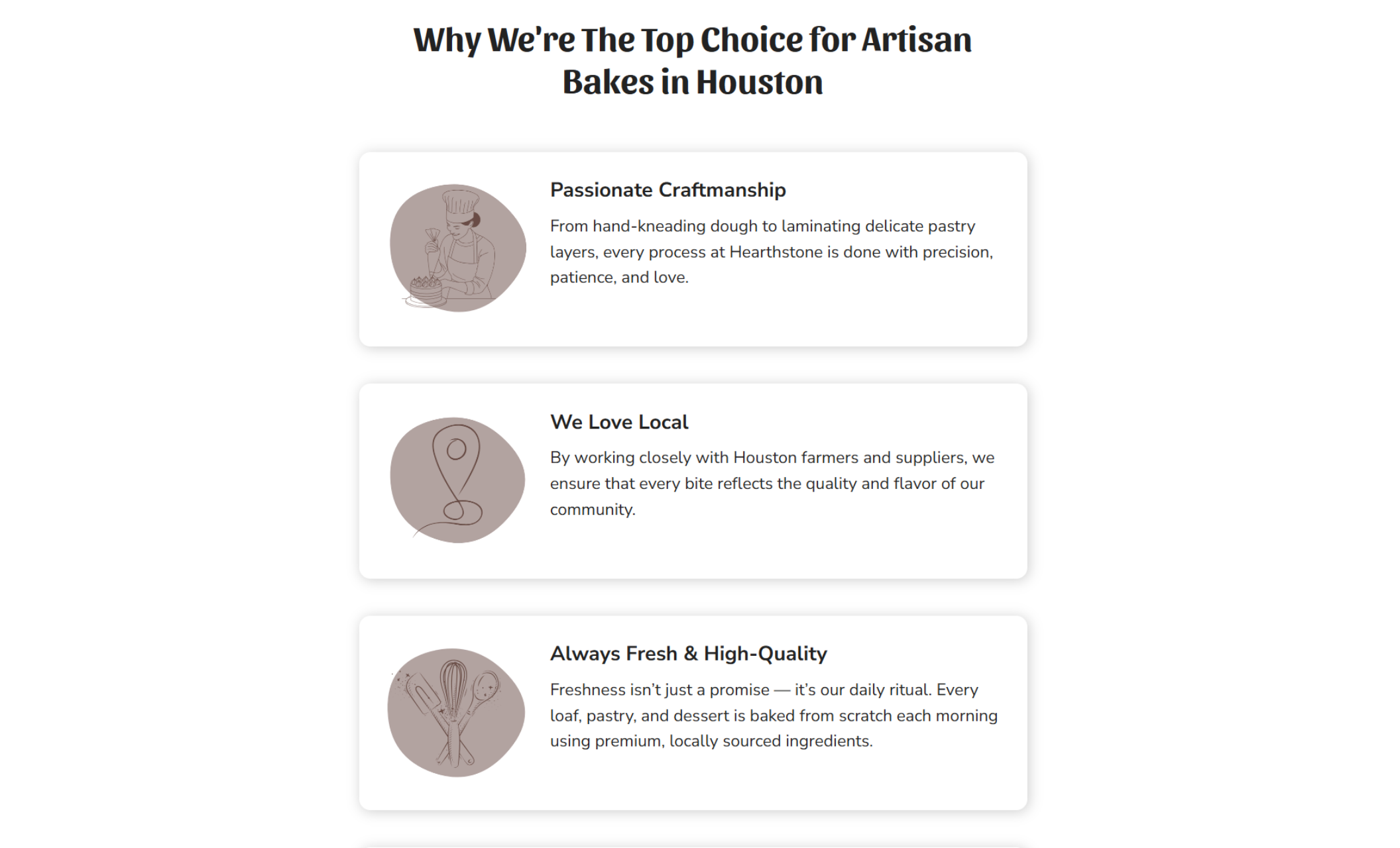 Why Choose Us section of Hearthstone Bakery with three illustrated cards labeled “Passionate Craftsmanship,” “We Love Local,” and “Always Fresh & High-Quality,” each describing the bakery’s process and values