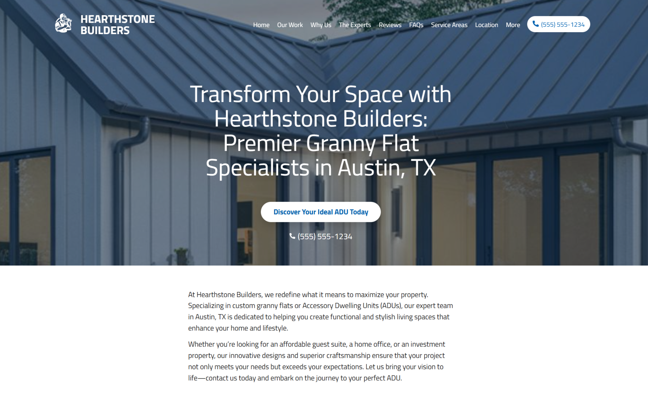 Hearthstone Builders homepage hero section displaying a modern dark-roofed granny flat with glass doors behind the headline “Transform Your Space with Hearthstone Builders: Premier Granny Flat Specialists in Austin, TX” and a button that says “Discover Your Ideal ADU Today.”