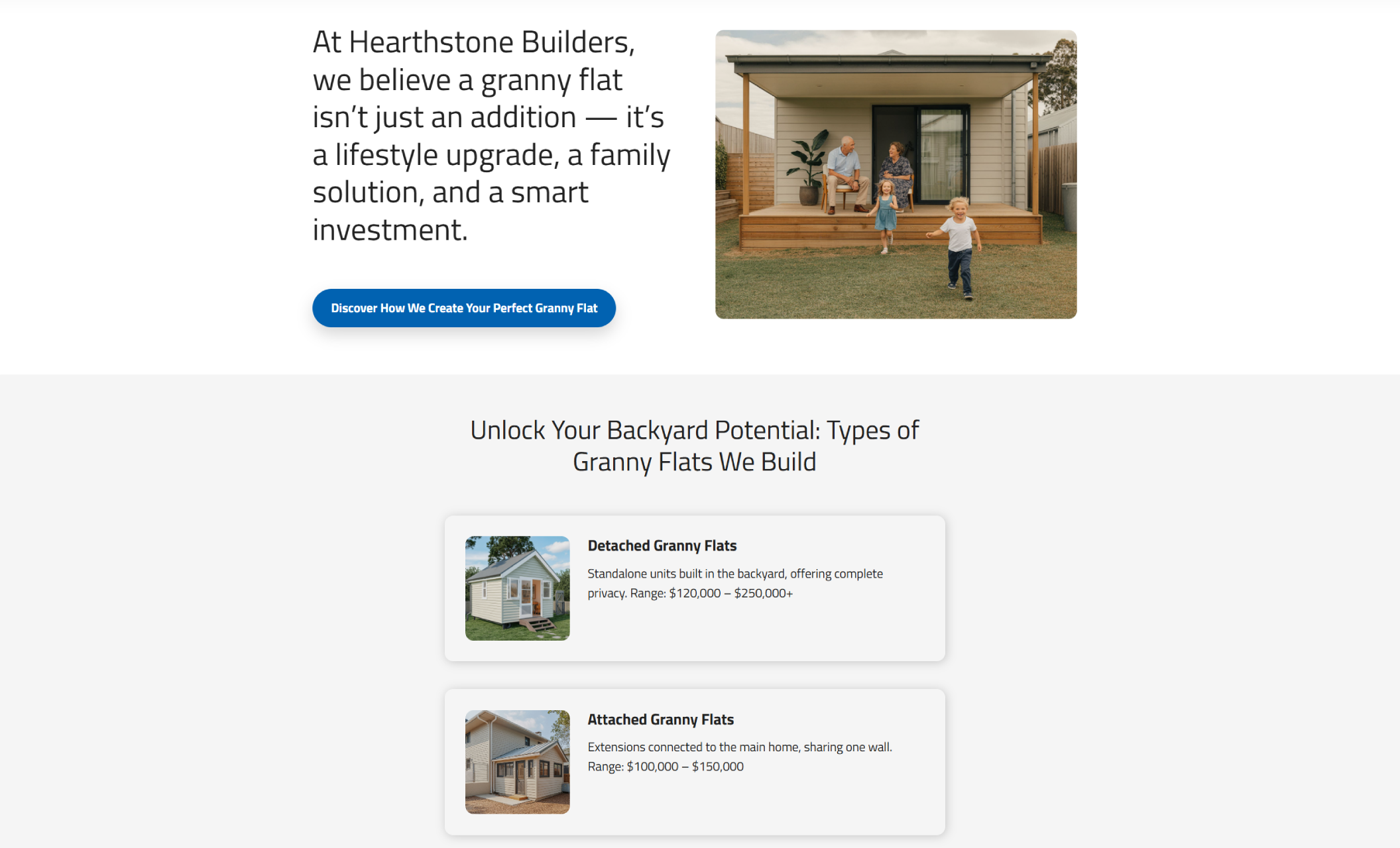 Hearthstone Builders types of granny flats section featuring a family sitting on a porch above the headline “Unlock Your Backyard Potential,” with two cards describing Detached Granny Flats priced from $120,000–$250,000+ and Attached Granny Flats priced from $100,000–$150,000