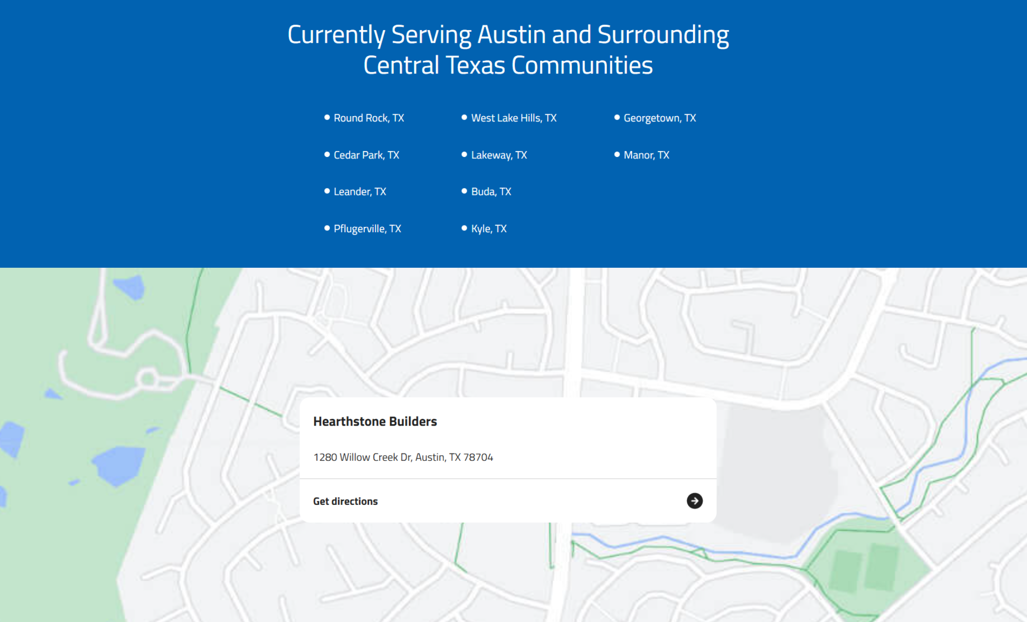 Hearthstone Builders service area map highlighting Austin and surrounding Central Texas communities such as Round Rock, Cedar Park, and Georgetown, with a location pin for Hearthstone Builders’ office at 1280 Willow Creek Dr., Austin, TX 78704