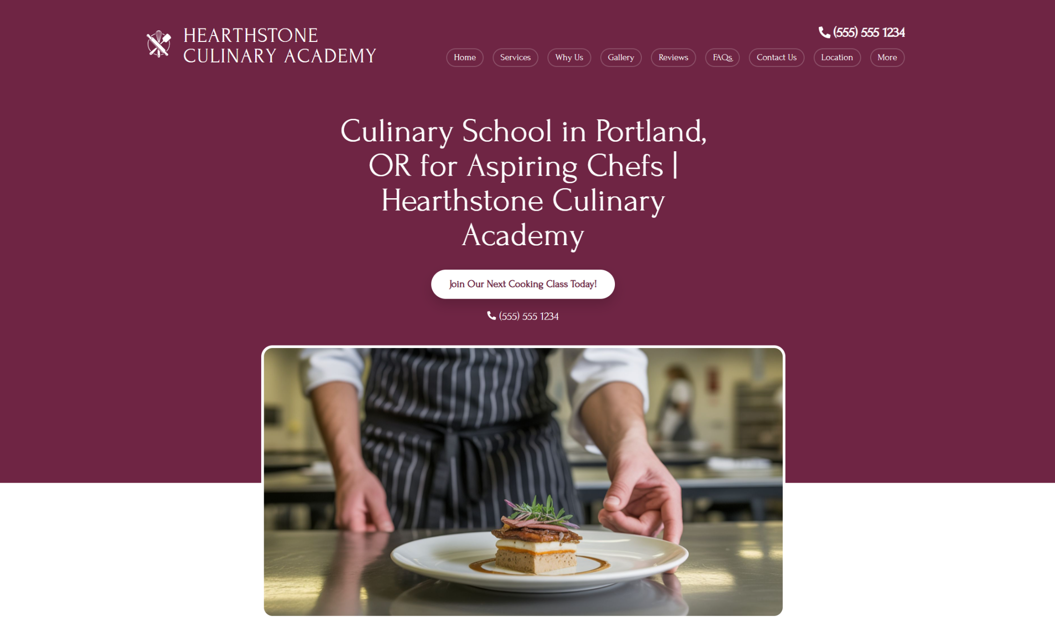 Hearthstone Culinary Academy homepage with a deep red background, headline about culinary school in Portland, and a chef plating a dish beneath a “Join Our Next Cooking Class Today!” button
