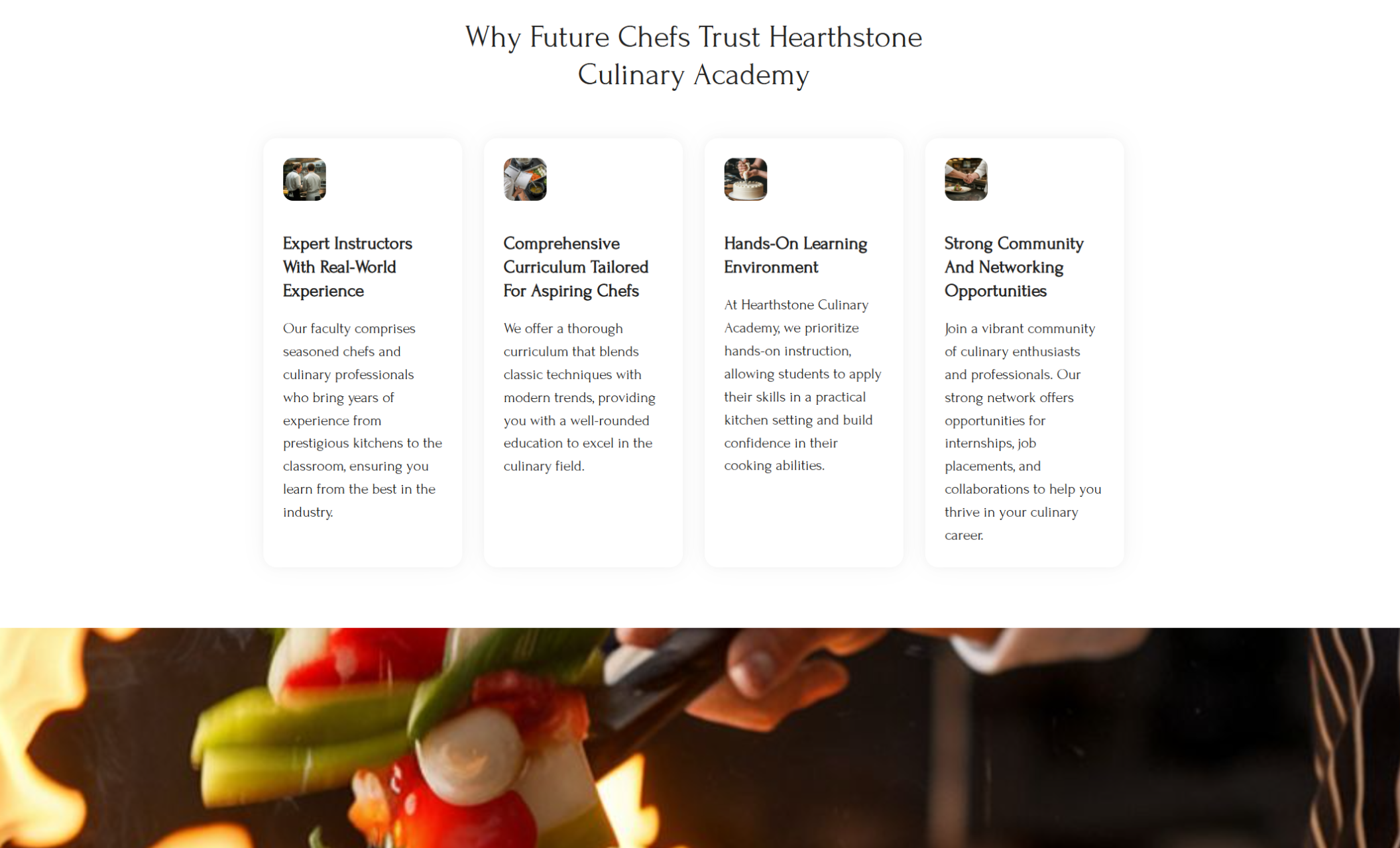 Hearthstone Culinary Academy benefits section titled “Why Future Chefs Trust Hearthstone Culinary Academy,” showcasing four columns highlighting instructors, curriculum, hands-on learning, and community