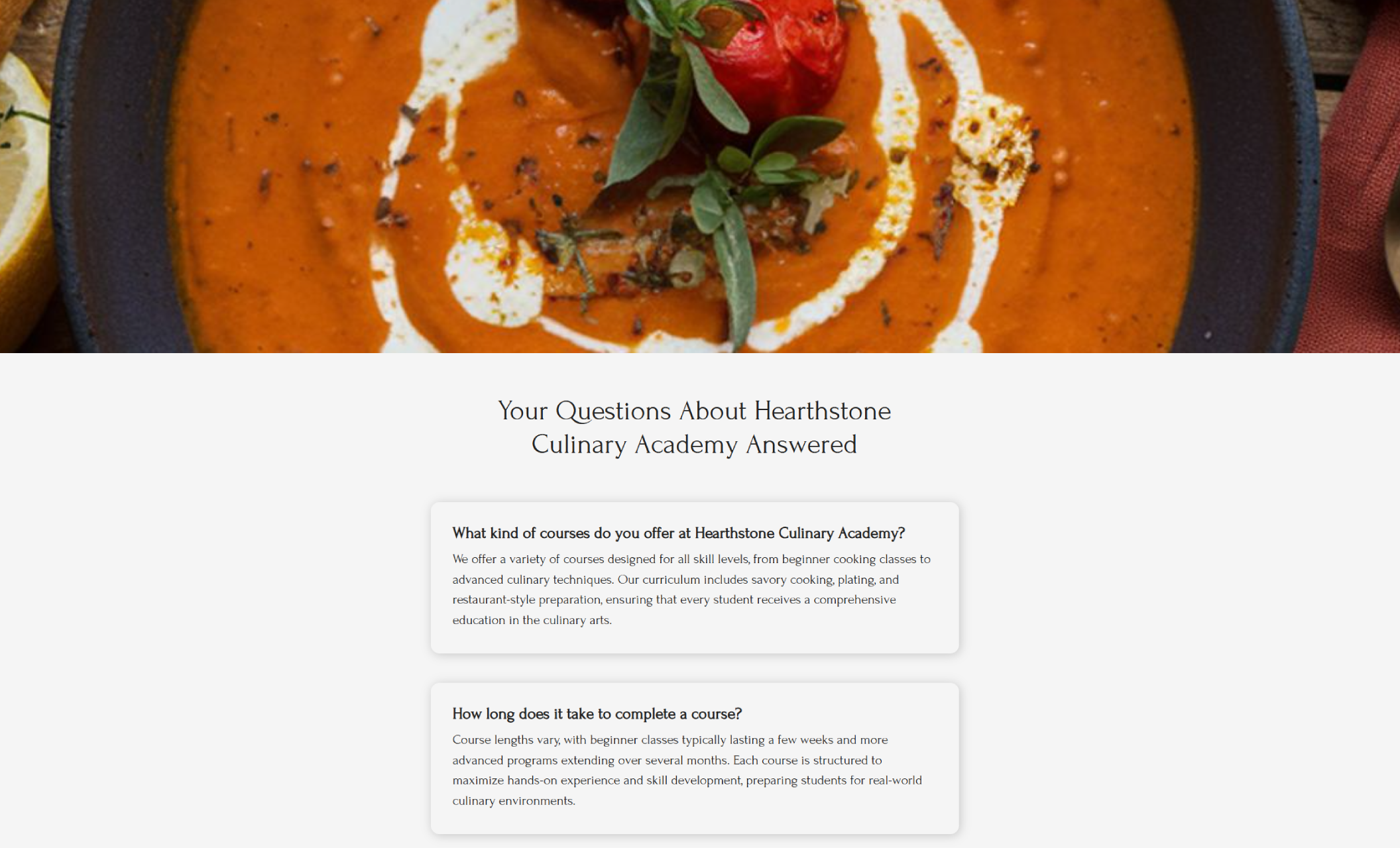 Hearthstone Culinary Academy FAQ section titled “Your Questions About Hearthstone Culinary Academy Answered,” featuring course details alongside a close-up image of a creamy tomato soup garnish