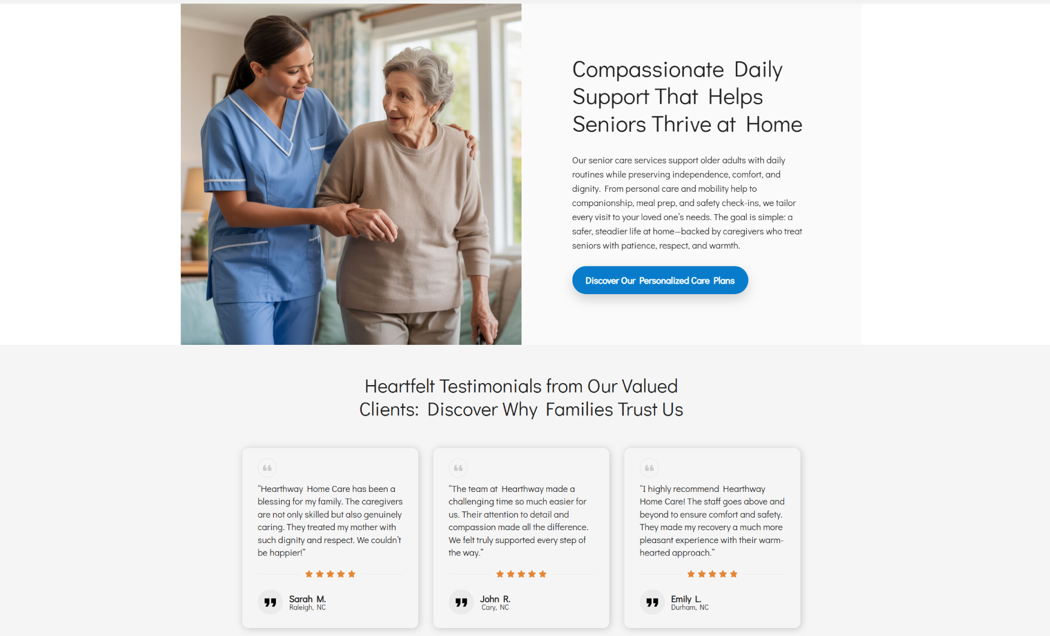 Hearthway Home Care service overview showing a compassionate caregiver assisting a senior woman with mobility beside the headline “Compassionate Daily Support That Helps Seniors Thrive at Home,” followed by a row of testimonial cards praising the agency