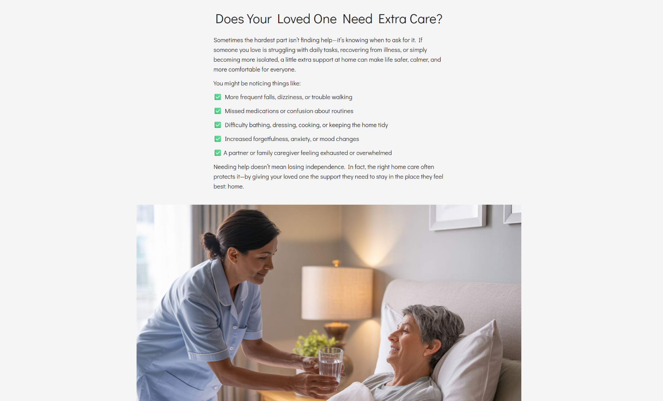 Hearthway Home Care informational section featuring a checklist of signs a loved one may need additional support beside a photo of a smiling caregiver offering a glass of water to an older woman resting comfortably in bed