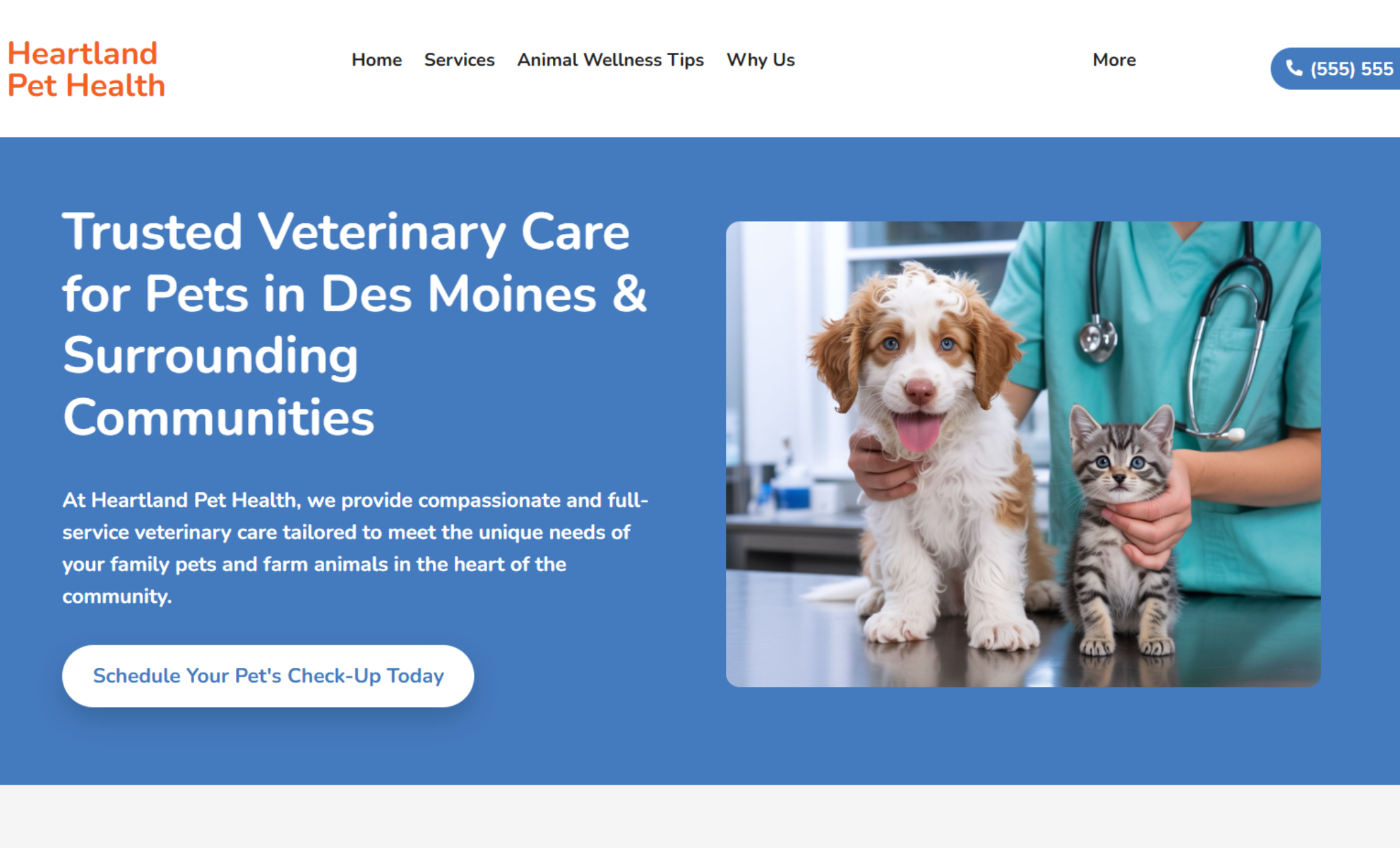 Heartland Pet Health homepage featuring a veterinarian holding a puppy and kitten beside the headline “Trusted Veterinary Care for Pets in Des Moines & Surrounding Communities” and a blue “Schedule Your Pet’s Check-Up Today” button