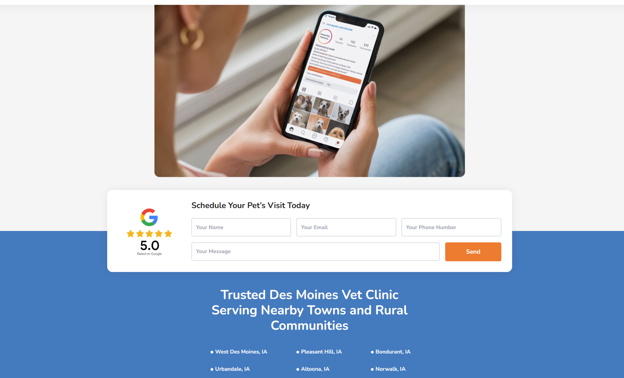 Heartland Pet Health contact section with a Google 5.0 rating badge, appointment request form, and headline reading “Trusted Des Moines Vet Clinic Serving Nearby Towns and Rural Communities,” followed by a list of Iowa service areas