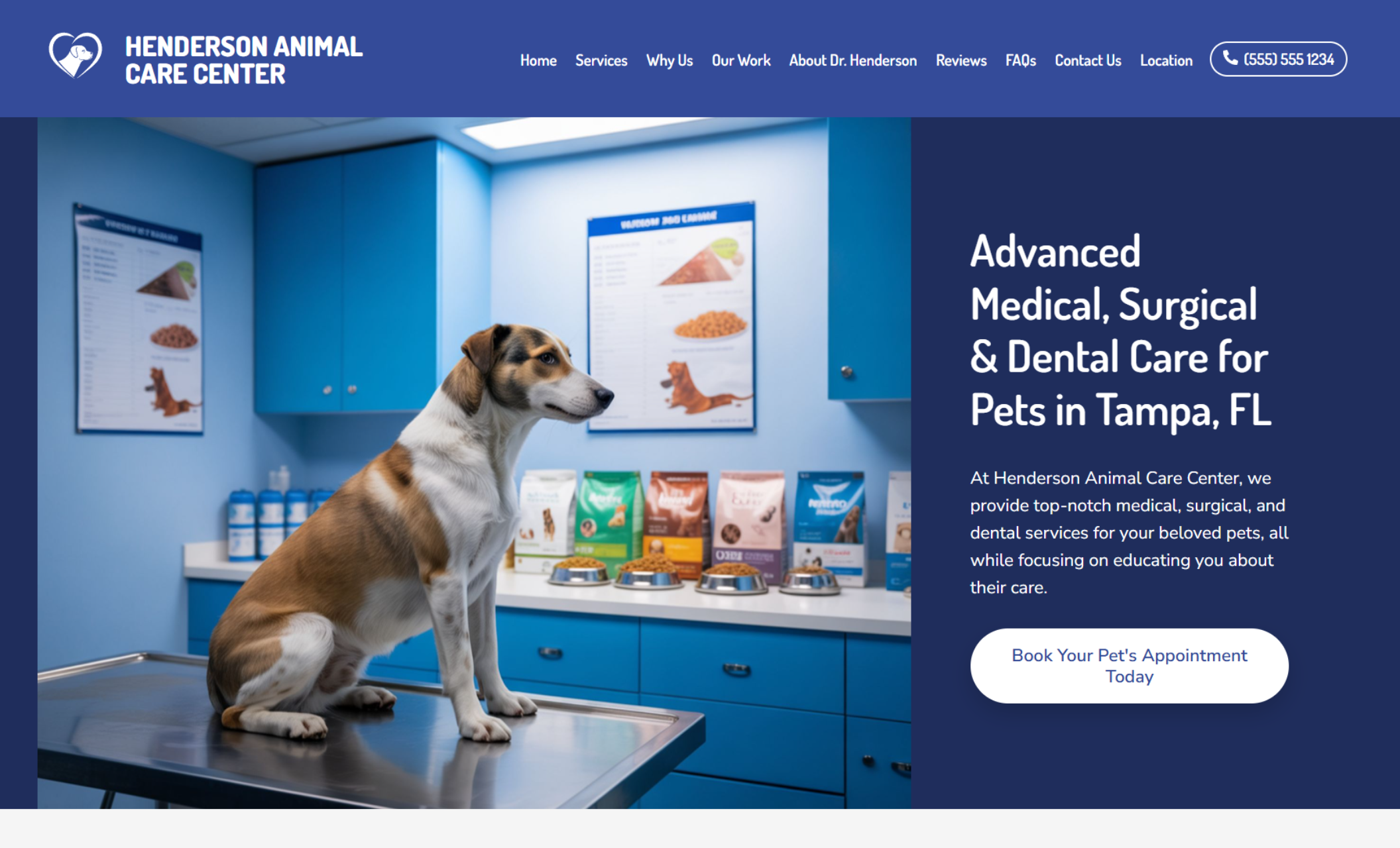 Henderson Animal Care Center homepage featuring a dog sitting calmly on an exam table in a modern blue treatment room beside the headline “Advanced Medical, Surgical & Dental Care for Pets in Tampa, FL” and a white “Book Your Pet’s Appointment Today” button
