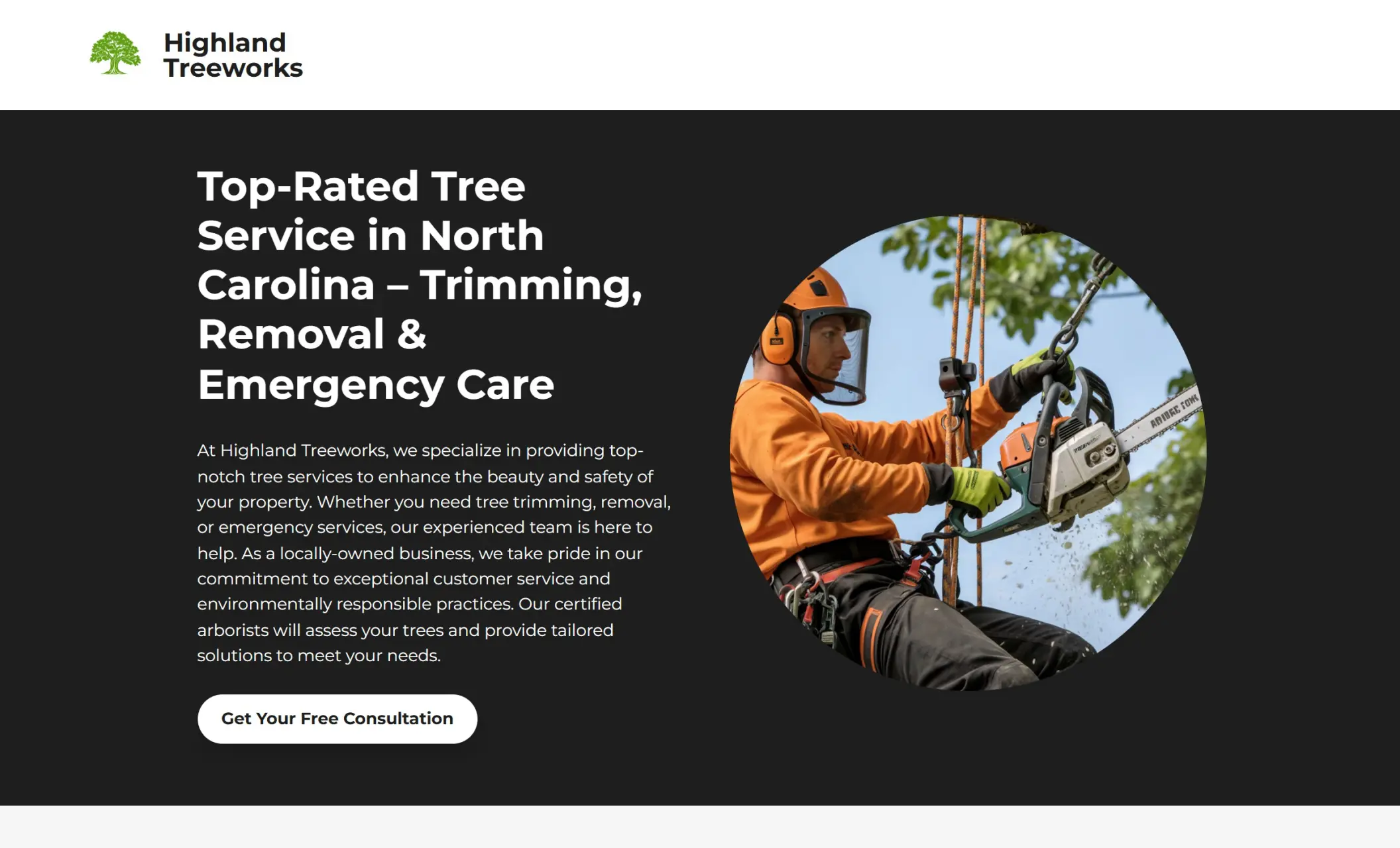 Highland Treeworks' homepage featuring the image of a man trimming a tree, company branding, call-to-action button, and a brief introduction to the company
