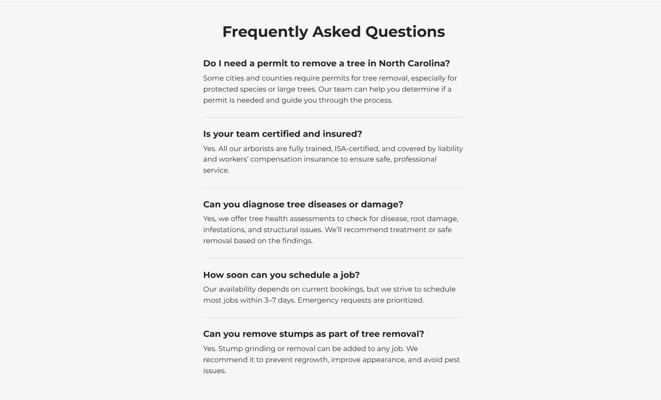 Highland Treeworks' website section displaying frequently asked questions