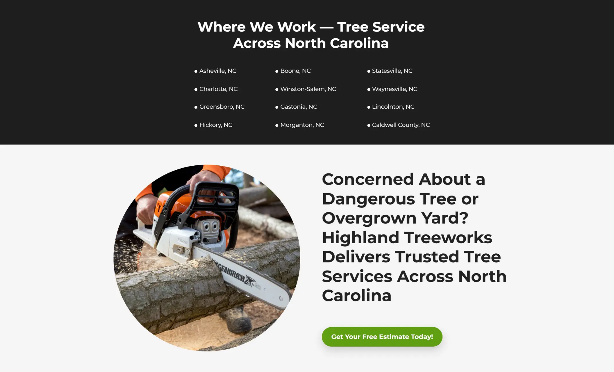 Highland Treeworks' website section displaying service areas and a book now section