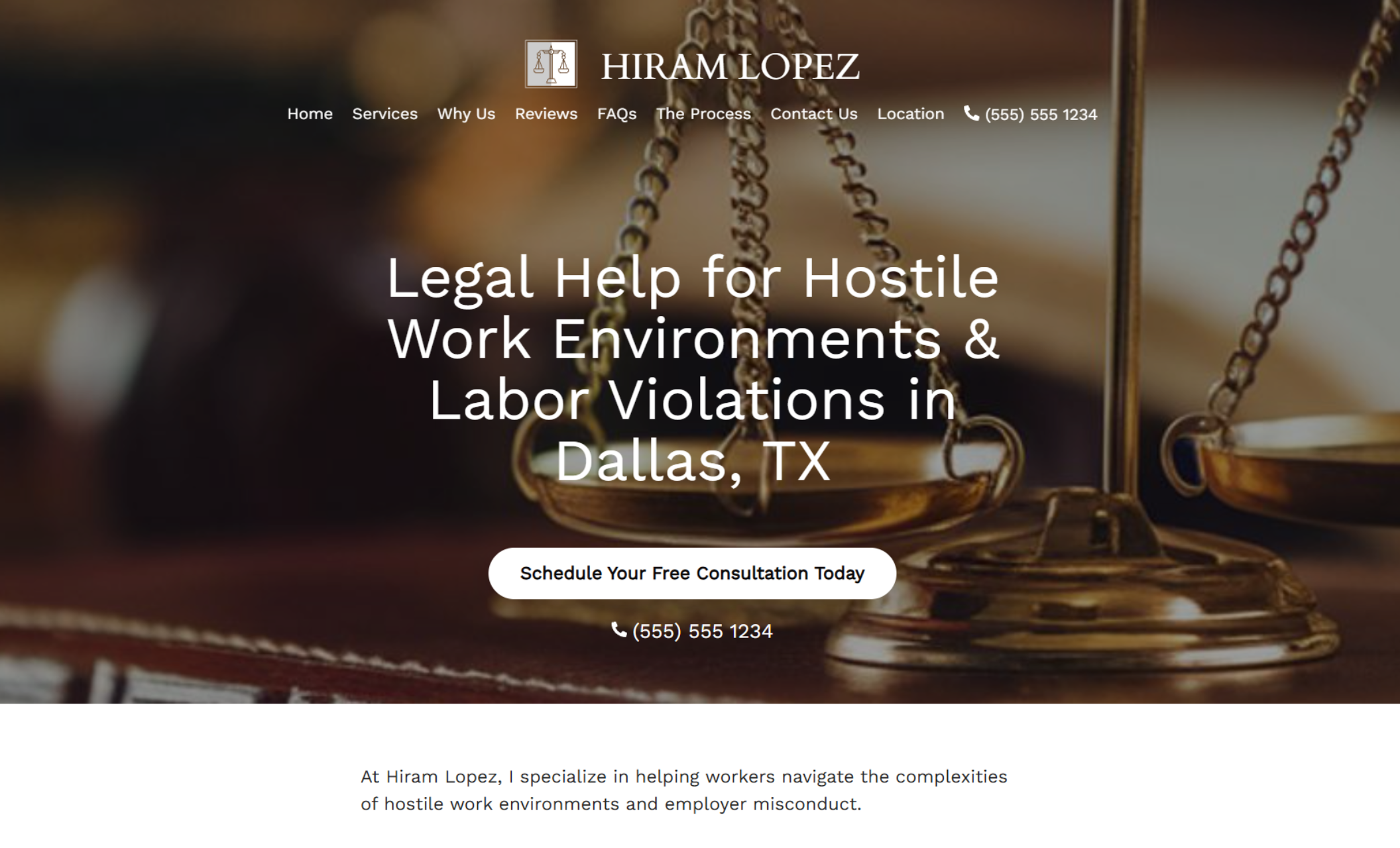 Hiram Lopez homepage featuring scales of justice background with the headline “Legal Help for Hostile Work Environments & Labor Violations in Dallas, TX” and a consultation button