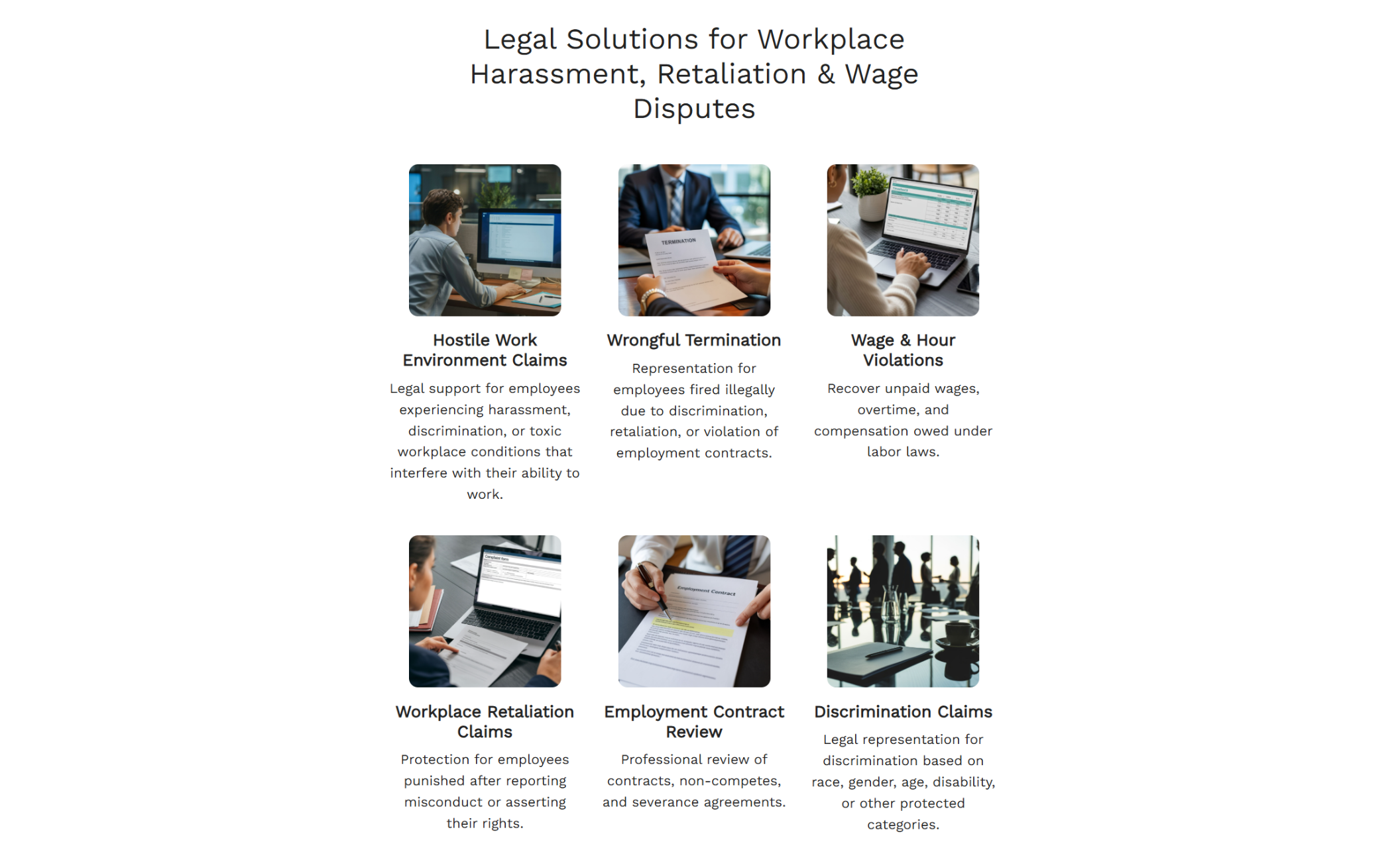 Services grid titled “Legal Solutions for Workplace Harassment, Retaliation & Wage Disputes” with six illustrated service cards including wrongful termination, discrimination claims, and contract review