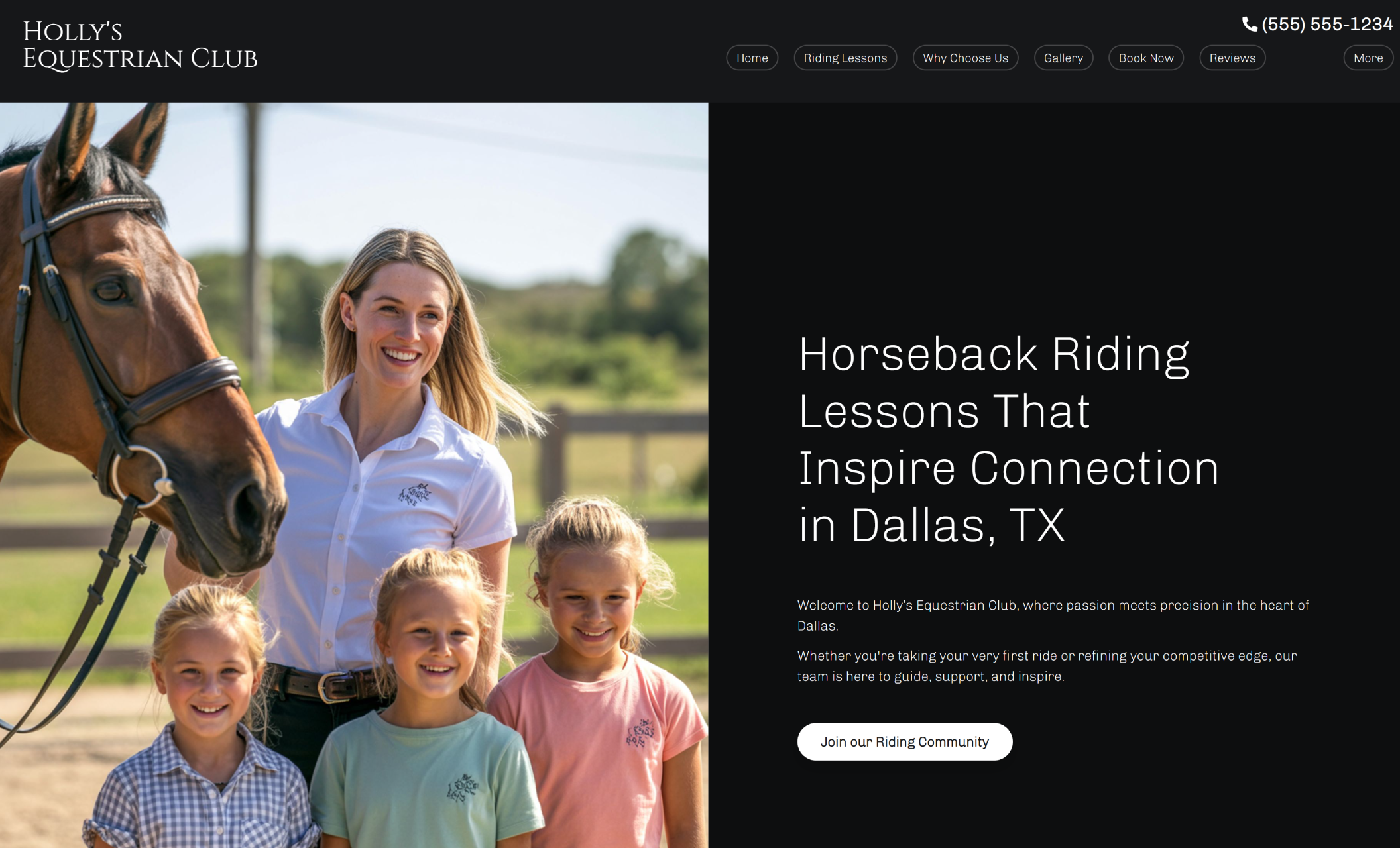 Holly’s Equestrian Club homepage hero featuring an instructor smiling beside a horse with three young students in front of her, next to the headline ‘Horseback Riding Lessons That Inspire Connection in Dallas, TX.’