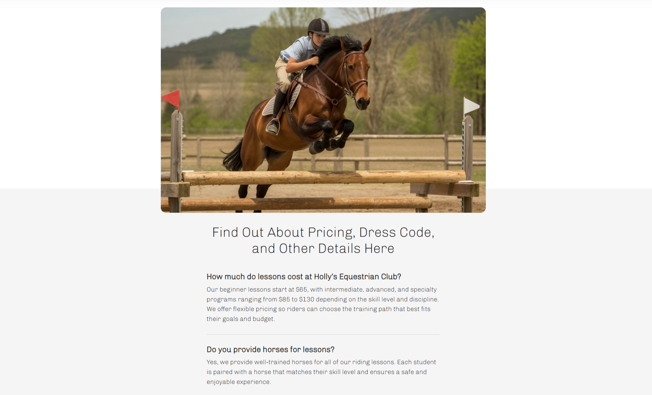 Holly’s Equestrian Club pricing and info section featuring a rider mid-jump on a bay horse above a wooden obstacle, placed above the headline ‘Find Out About Pricing, Dress Code, and Other Details Here.’