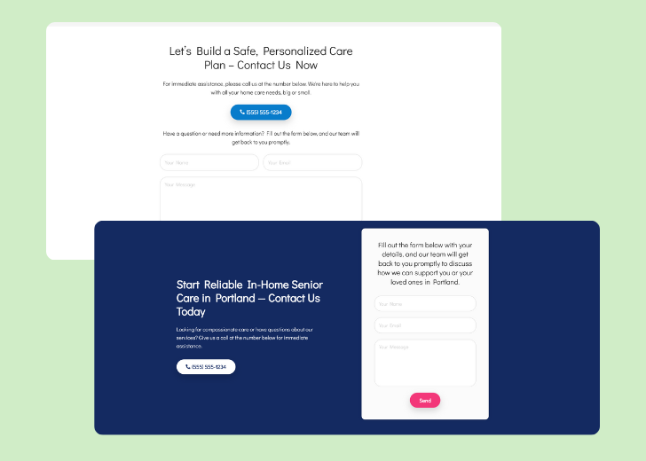 Screenshot of a contact form titled 'Get in touch' with a blue-colored primary button with a contact number, with input fields for Name, Email, and Message
